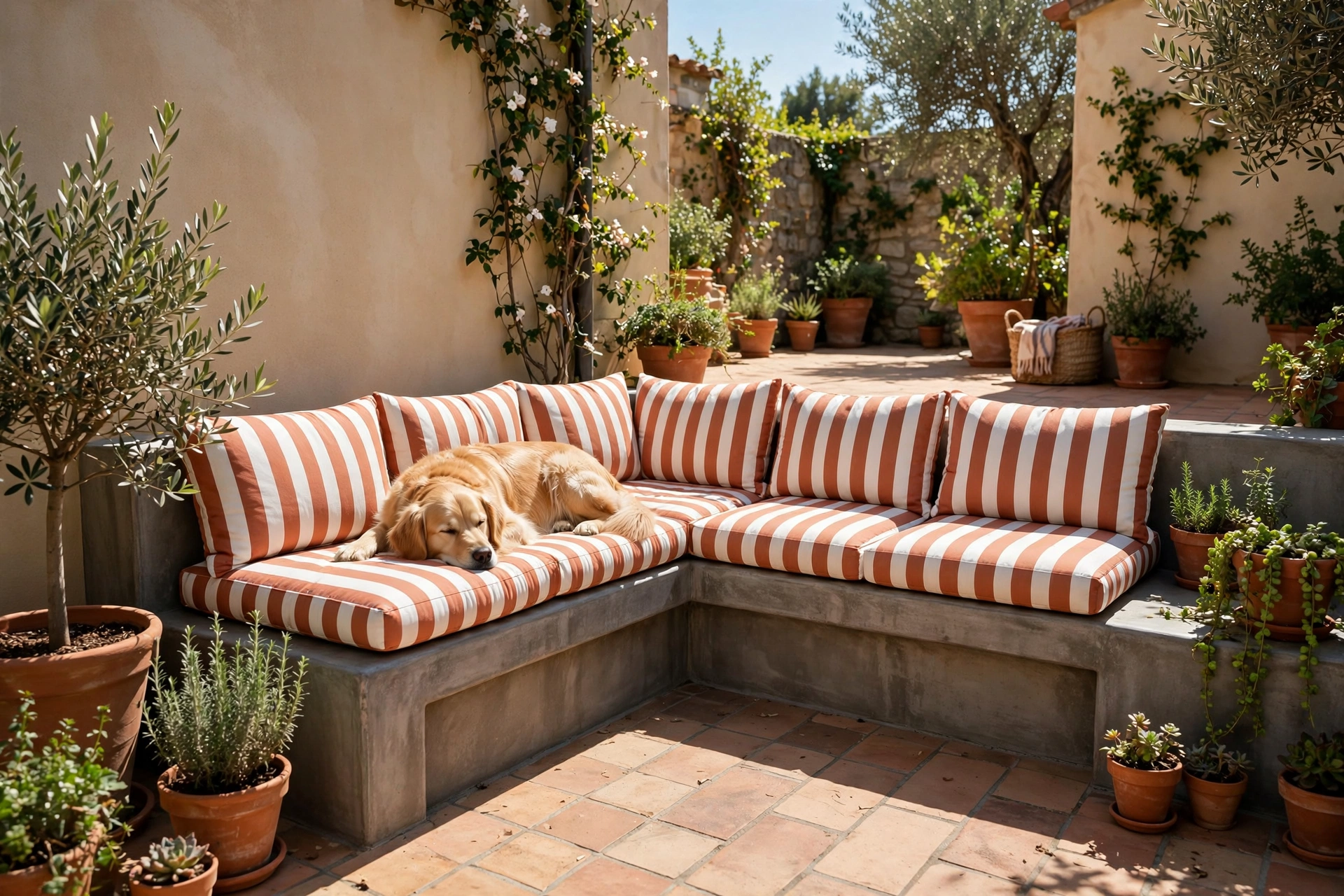 Built-in L-shaped patio bench with washable striped cushions and a golden retriever resting on it