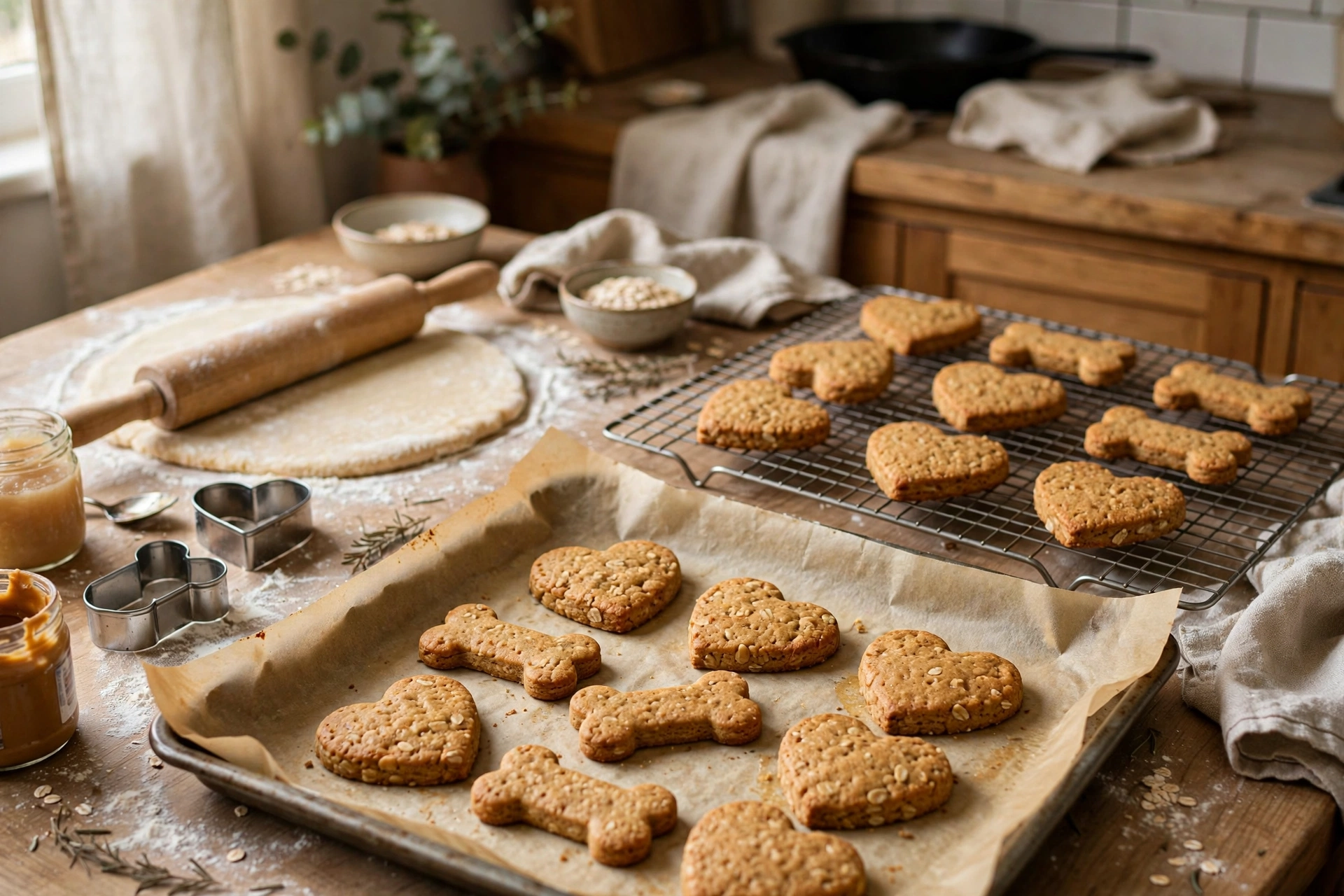 Freshly baked peanut butter applesauce dog biscuits cooling on a wire rack
