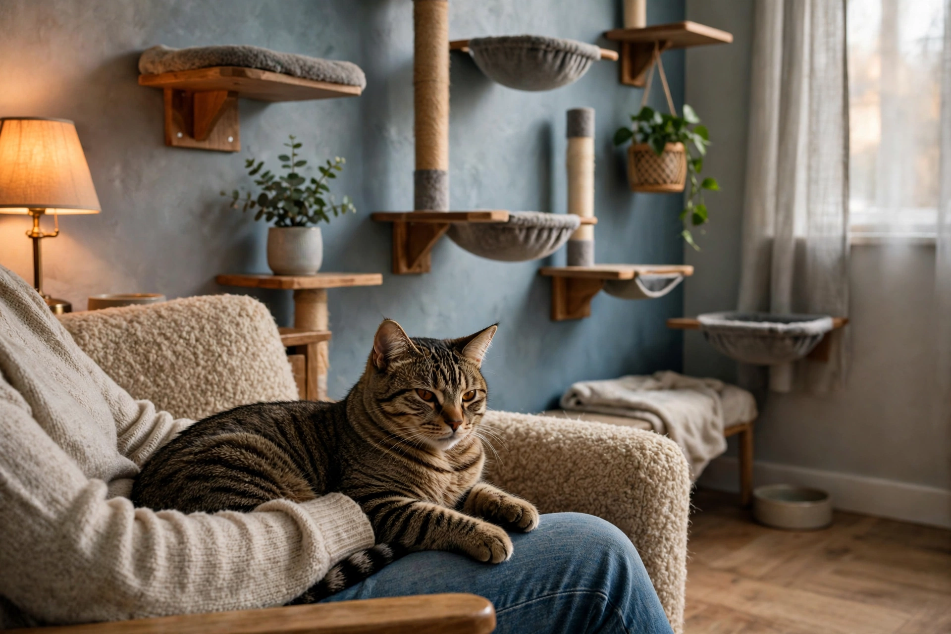 Quiet cat-only waiting room in a veterinary clinic with a calm tabby cat