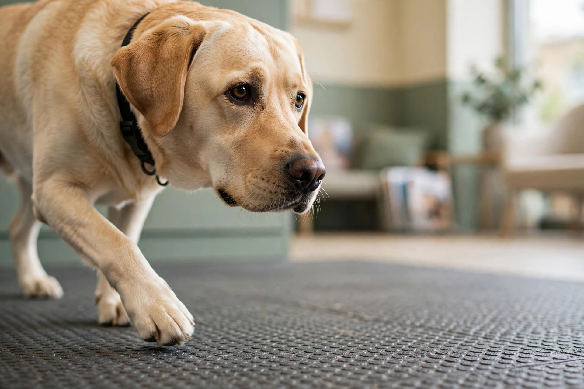 Dog walking on non-slip textured flooring in a bright pet clinic