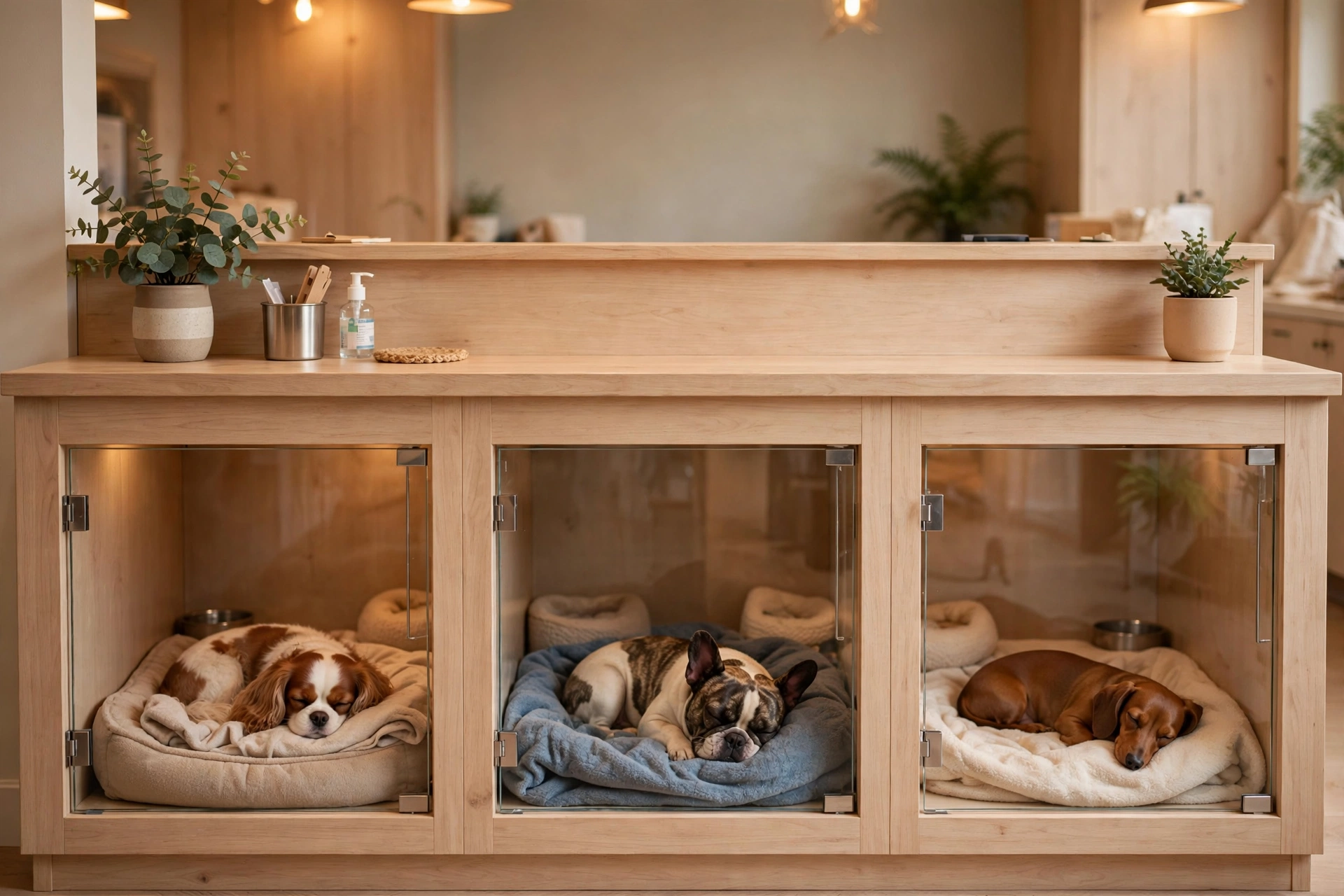 Built-in kennel alcoves under a wooden reception counter with resting dogs
