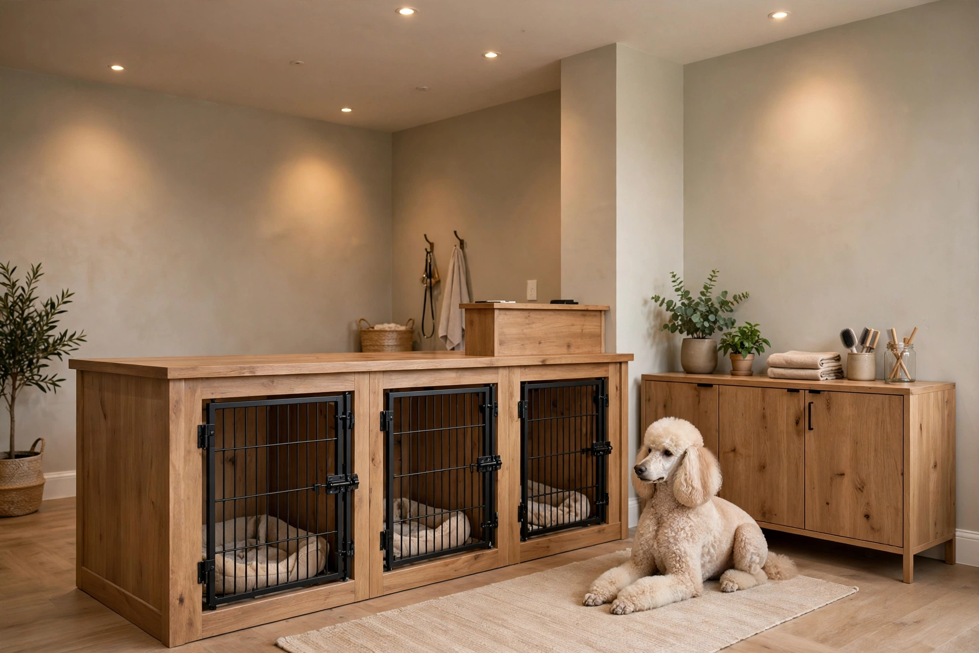 Neutral-toned dog grooming salon reception with greige walls and a wooden counter with built-in kennels