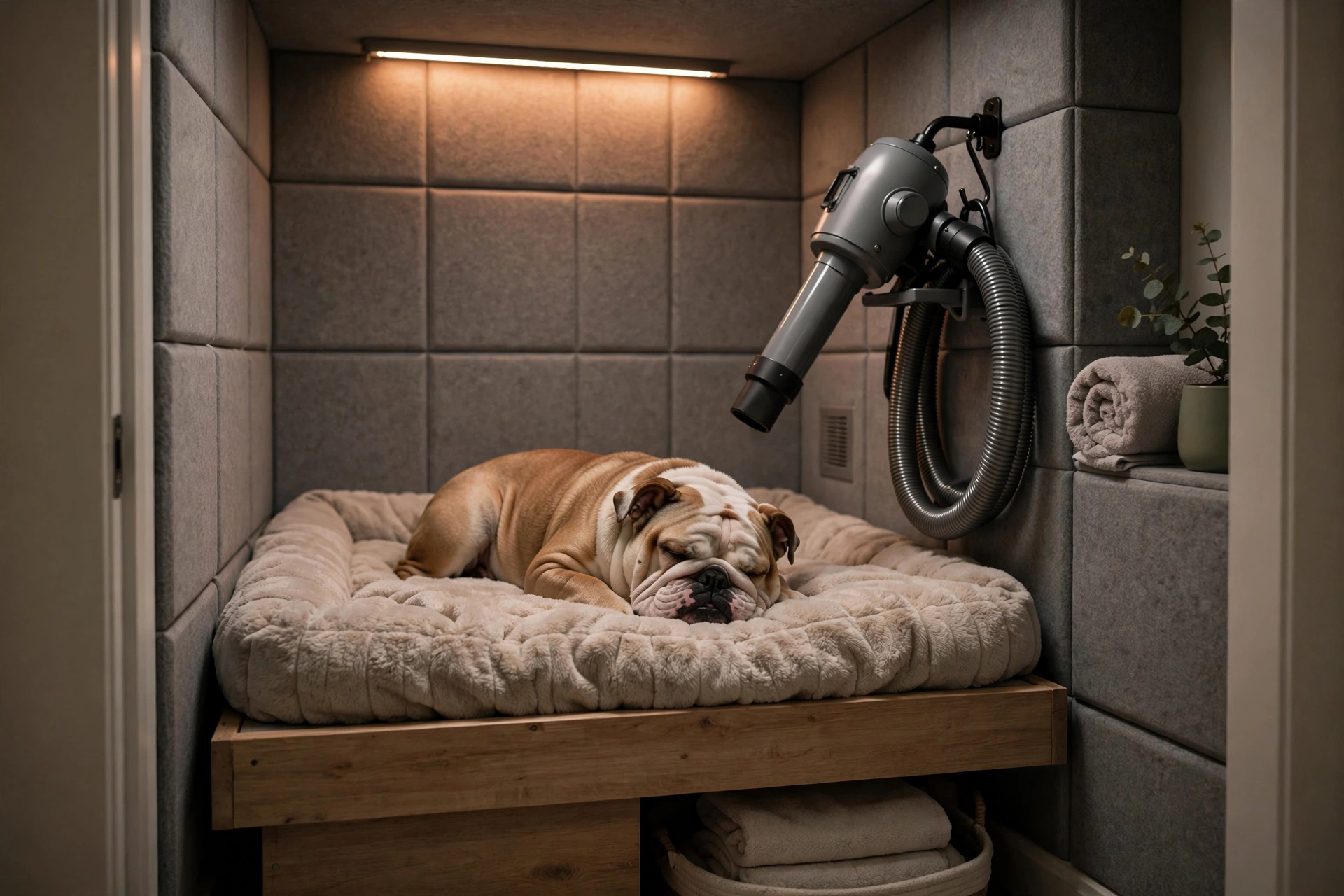 Quiet enclosed dog drying suite with gray acoustic panels, a drying platform, and warm lighting