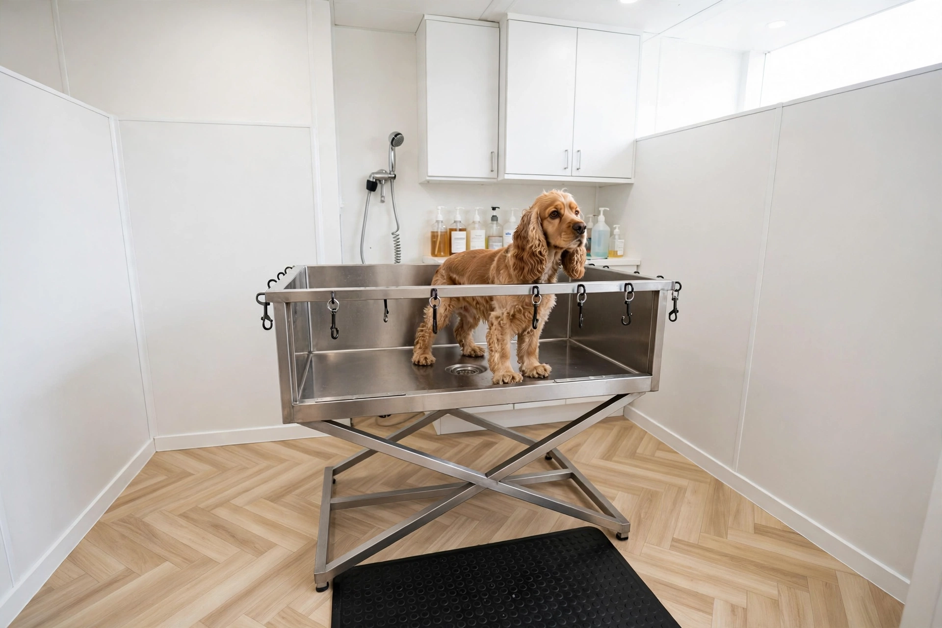 Stainless steel elevated dog bath on an X-frame stand in a bright grooming room