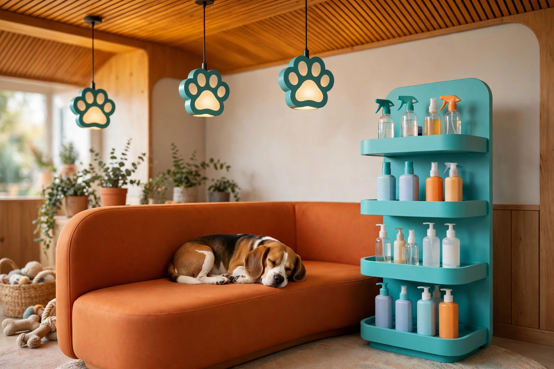 Cozy dog salon waiting corner with paw-print pendant lights and an orange upholstered bench