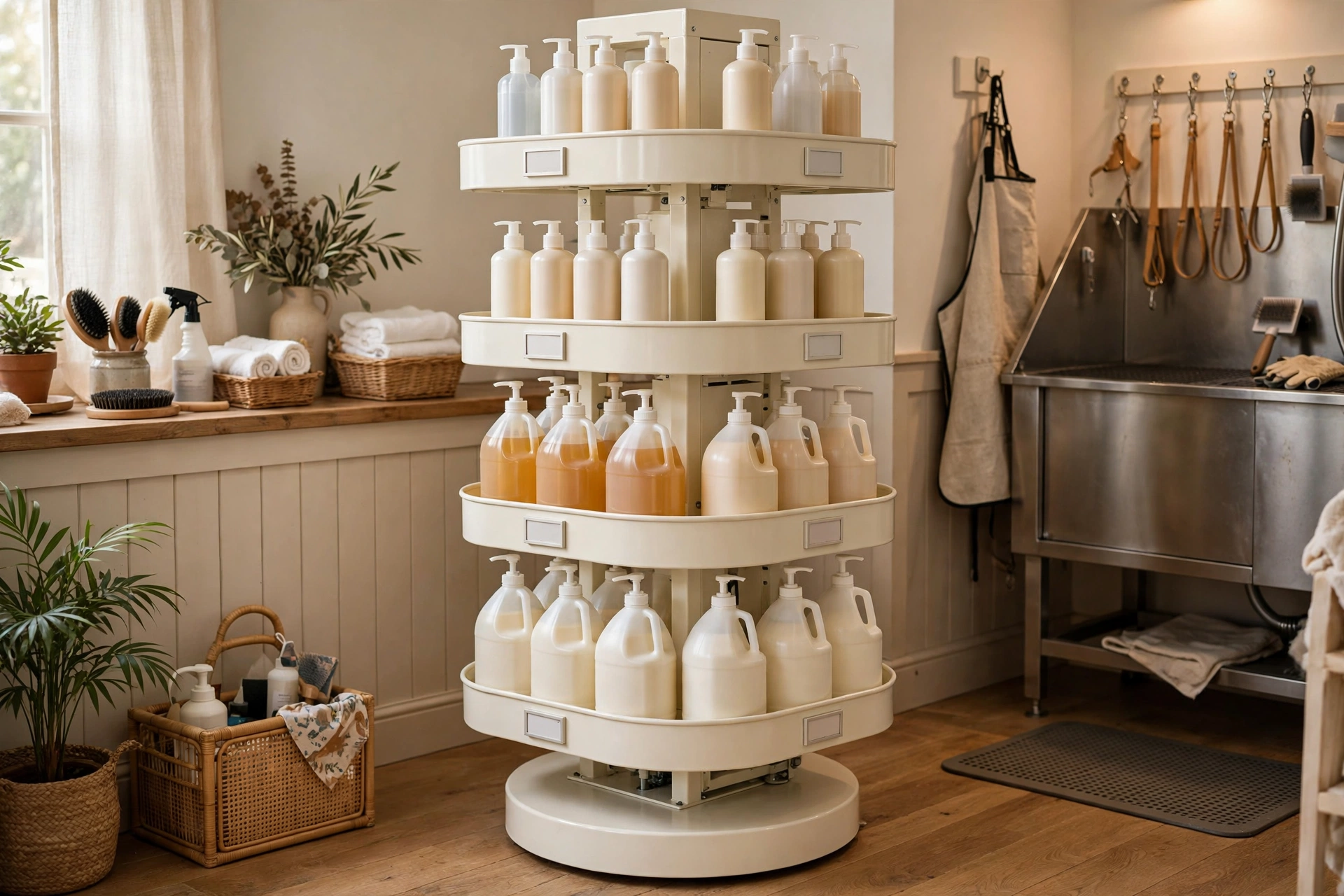 Rotating multi-tiered retail display tower with dog shampoos and grooming products in a salon