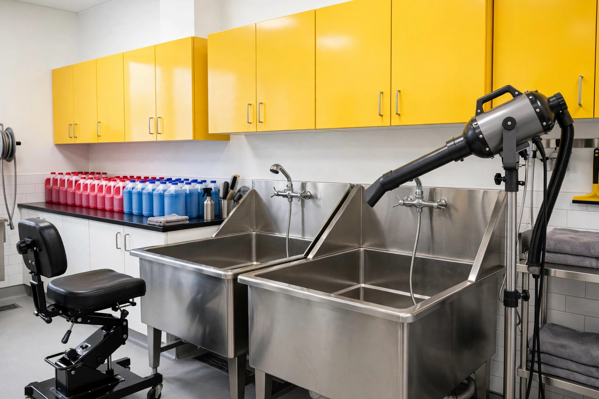 Bright yellow cabinet grooming wash room with dual stainless steel tubs and organized shampoo bottles