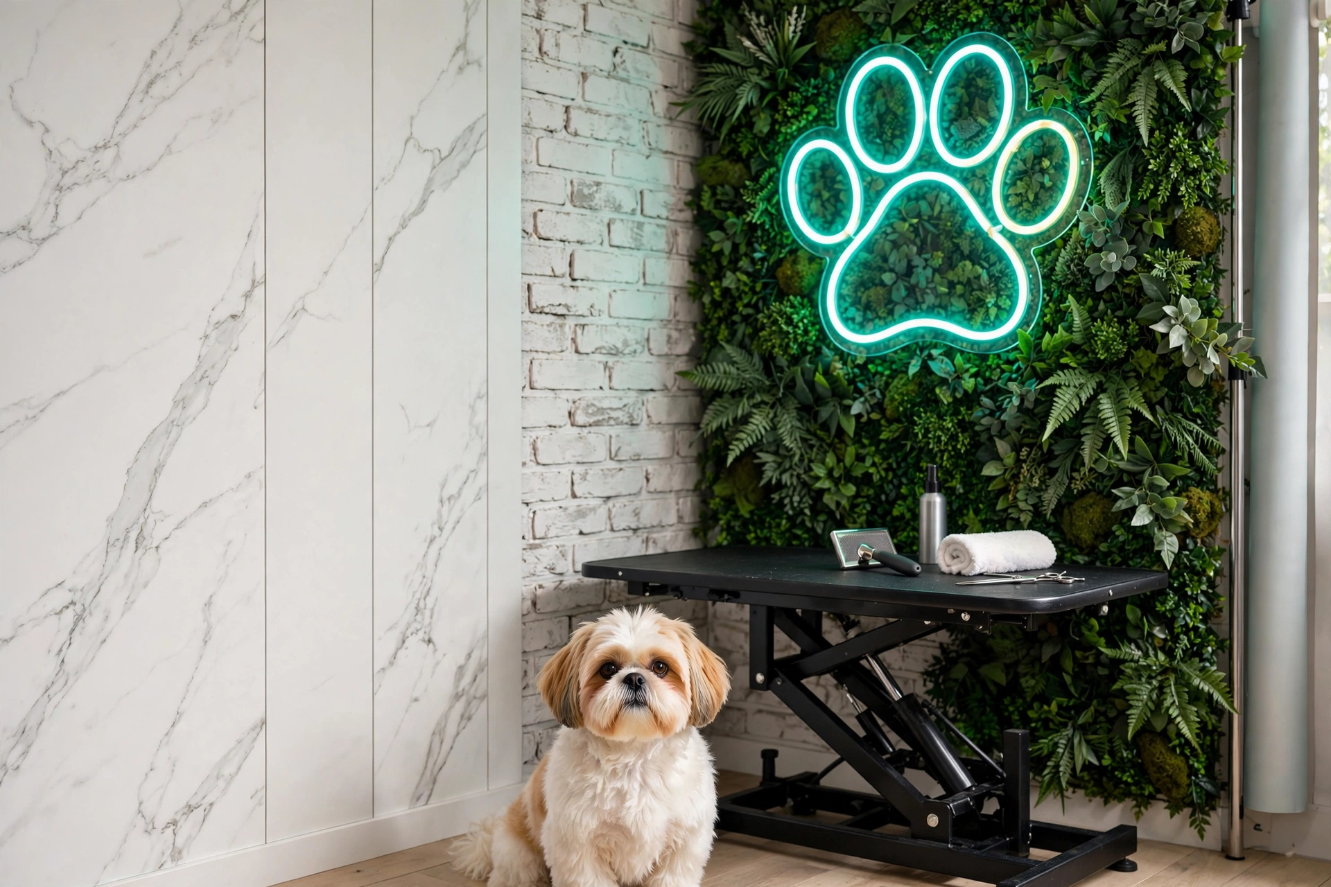 Modern grooming studio corner with a green wall panel, neon paw sign, and hydraulic grooming table
