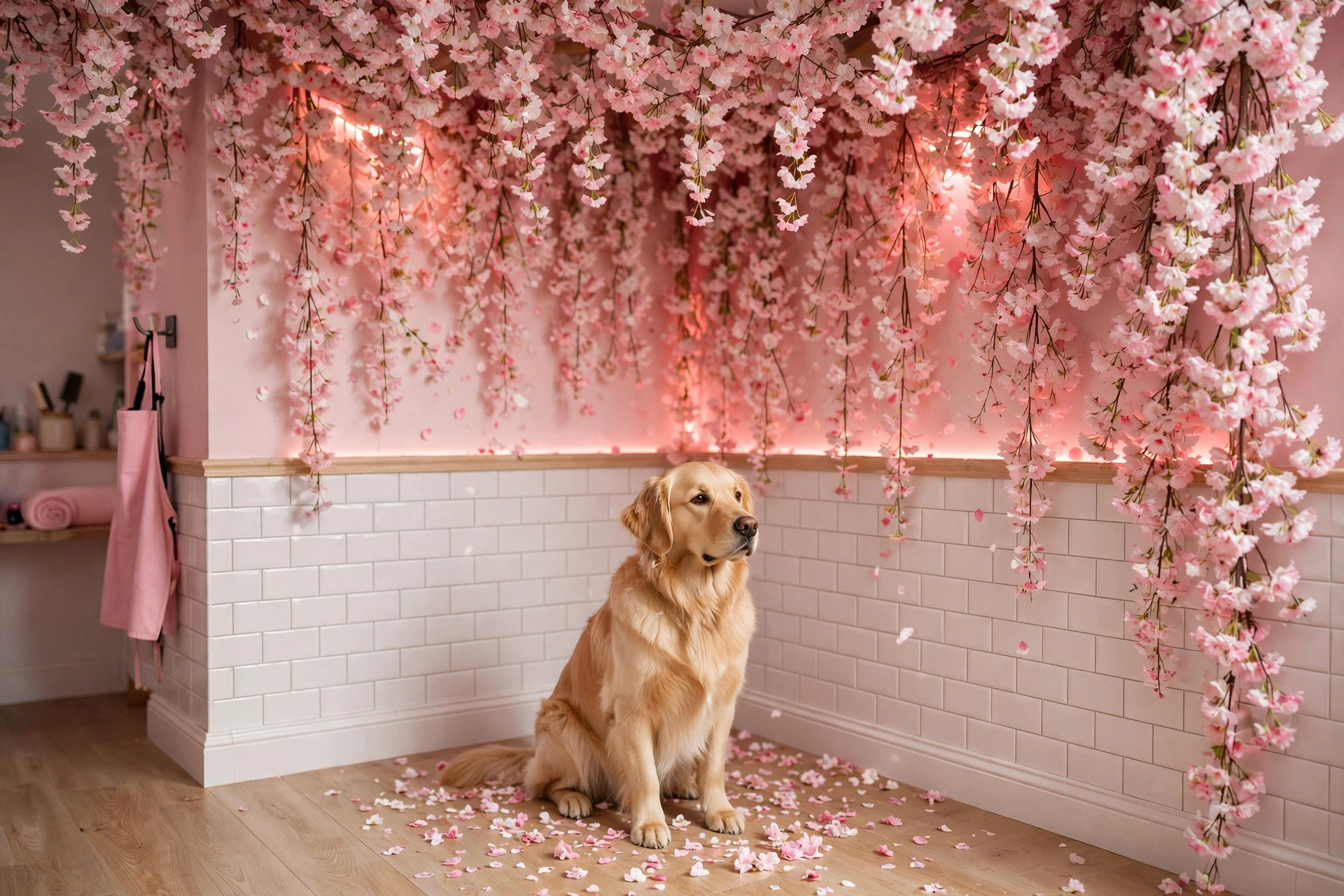 Dog grooming salon corner with cascading faux cherry blossom garlands on the ceiling and subway tile walls