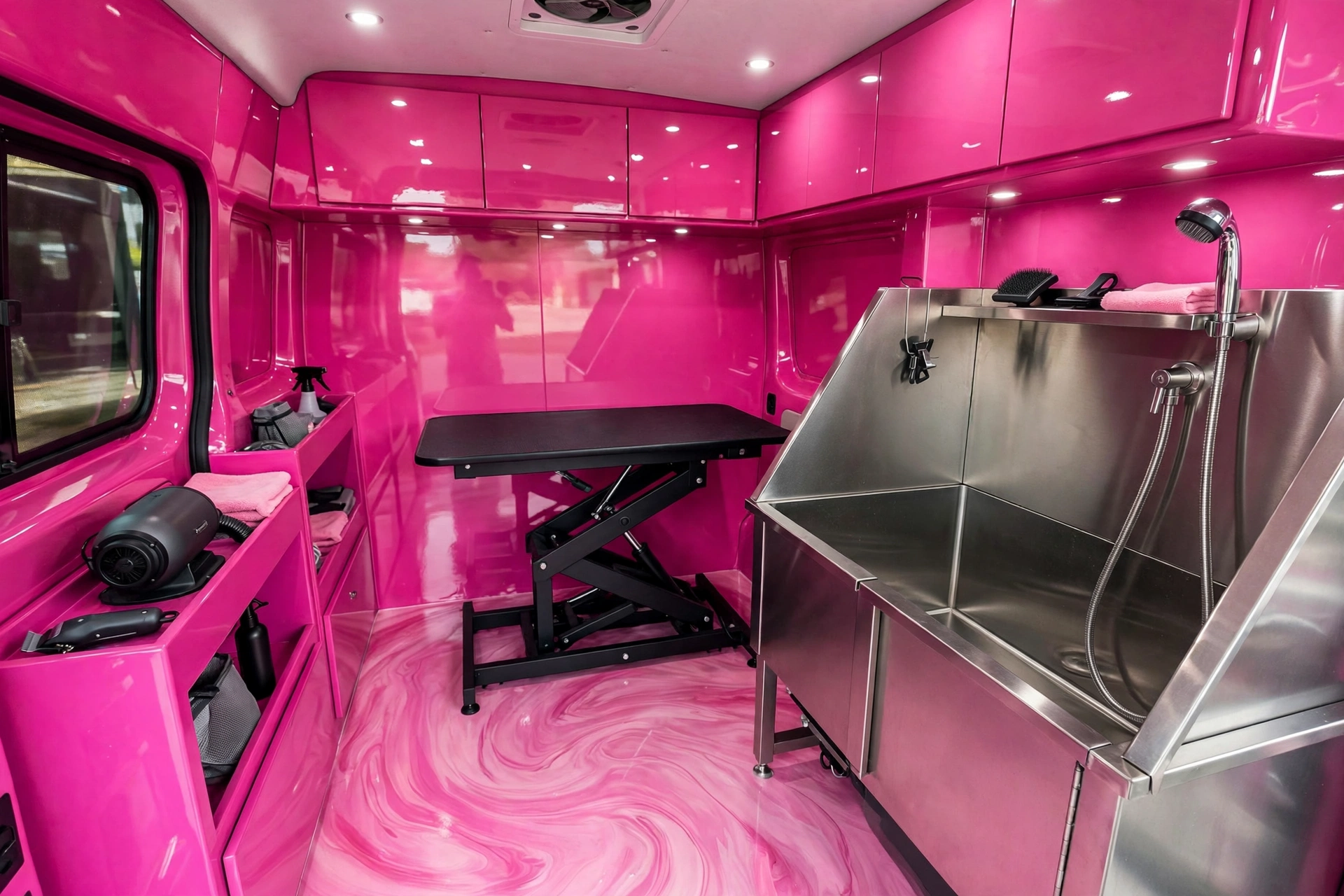 Interior of a pink mobile pet grooming van with a grooming table and stainless steel wash station