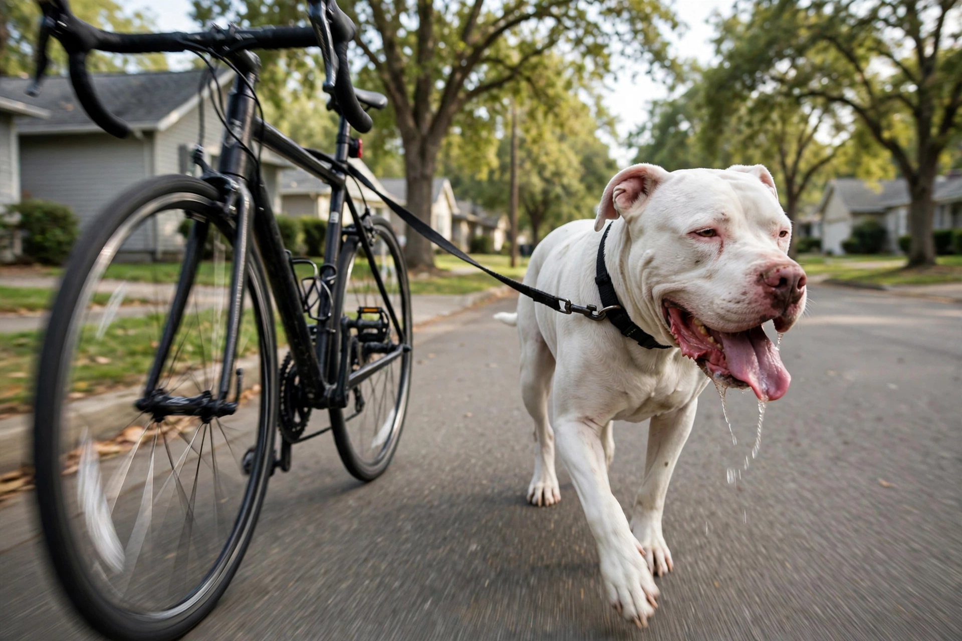 Exhausted white pit bull trotting beside a bicycle on a suburban street