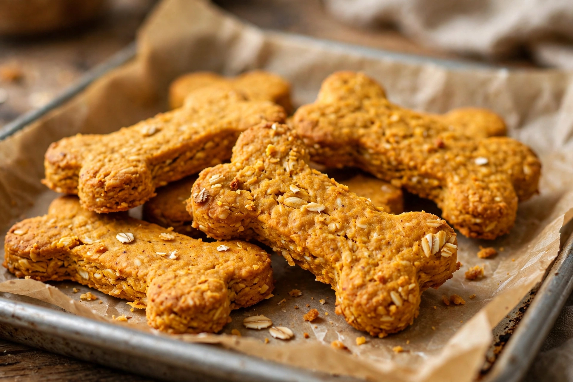 Bone-shaped classic pumpkin oat dog biscuits on a baking tray