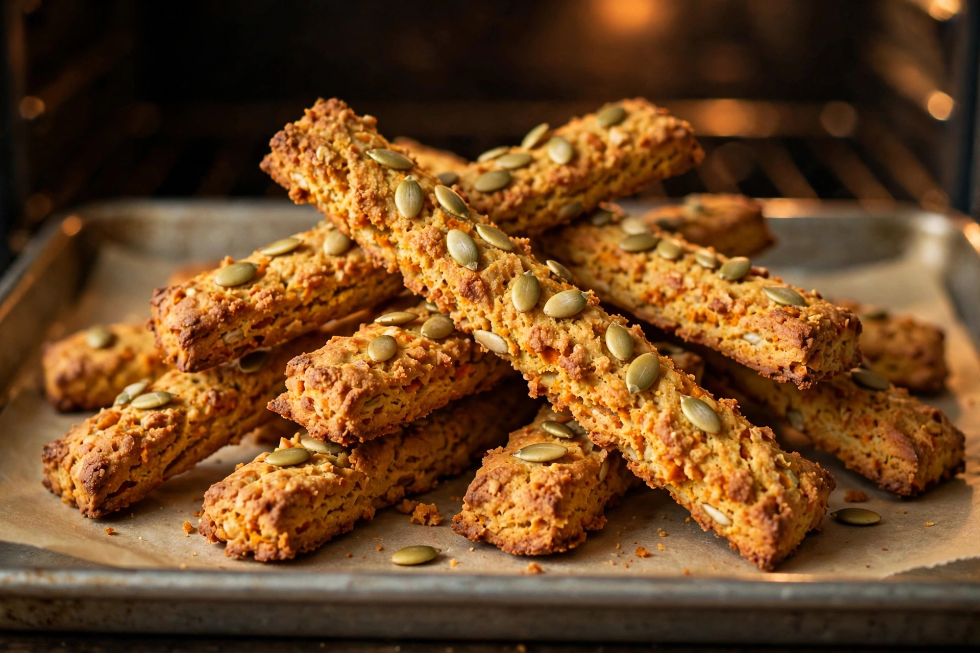 Crispy pumpkin peanut butter dog treat sticks on parchment paper
