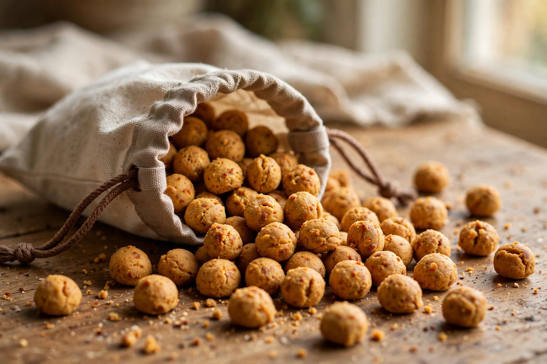 Tiny soft pumpkin peanut butter dog training treats in a treat pouch