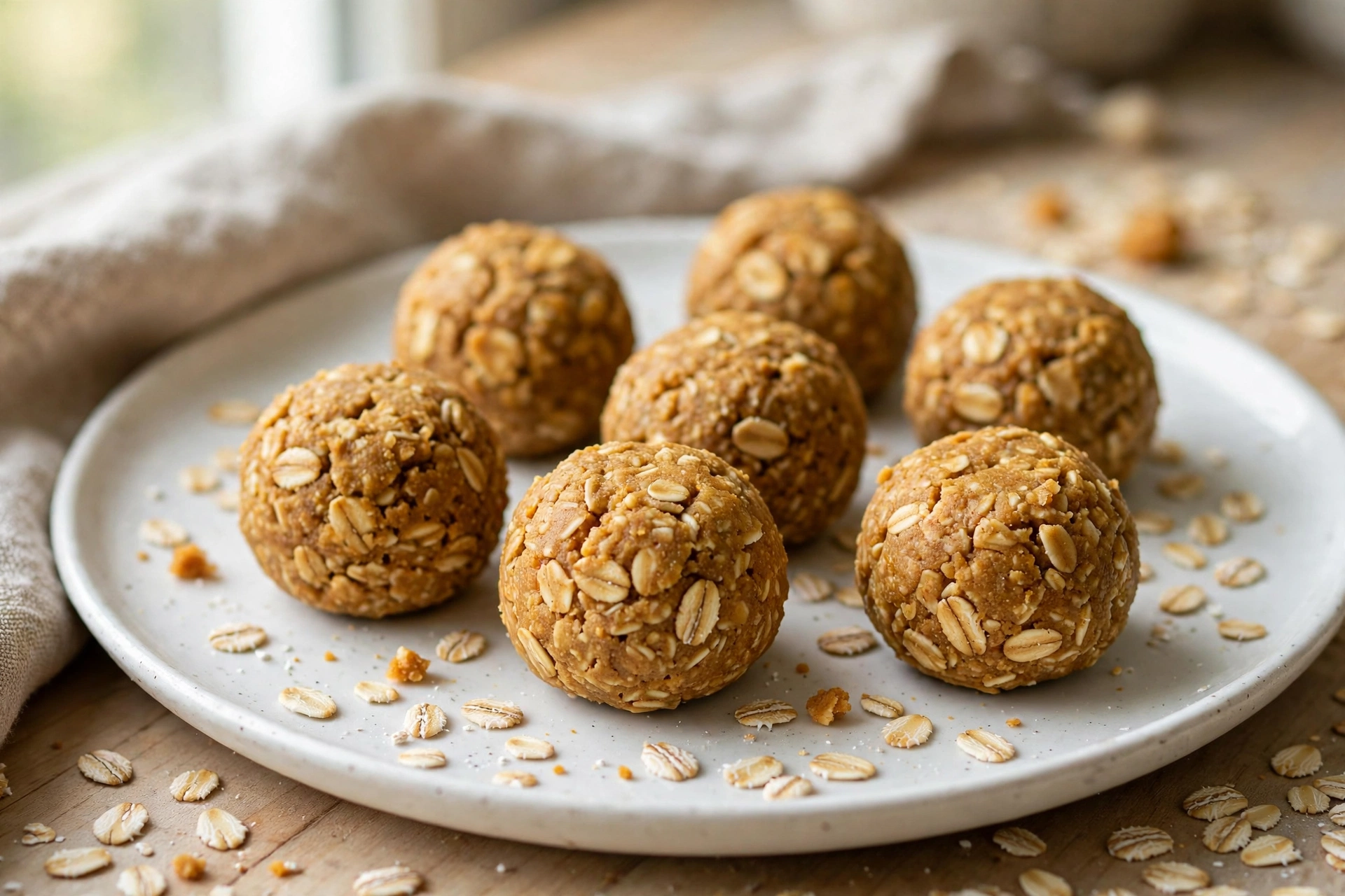 No-bake pumpkin peanut butter oat energy balls on a white plate