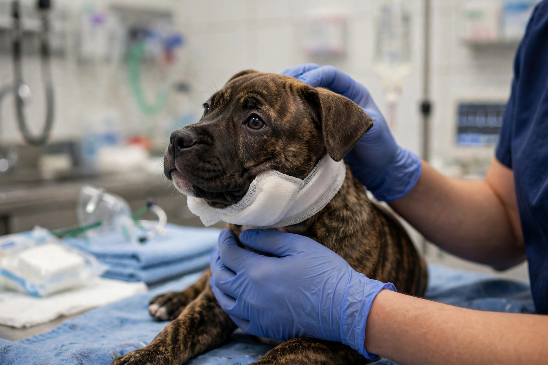 Injured Staffordshire Bull Terrier puppy with a bandaged cheek being comforted by a veterinarian