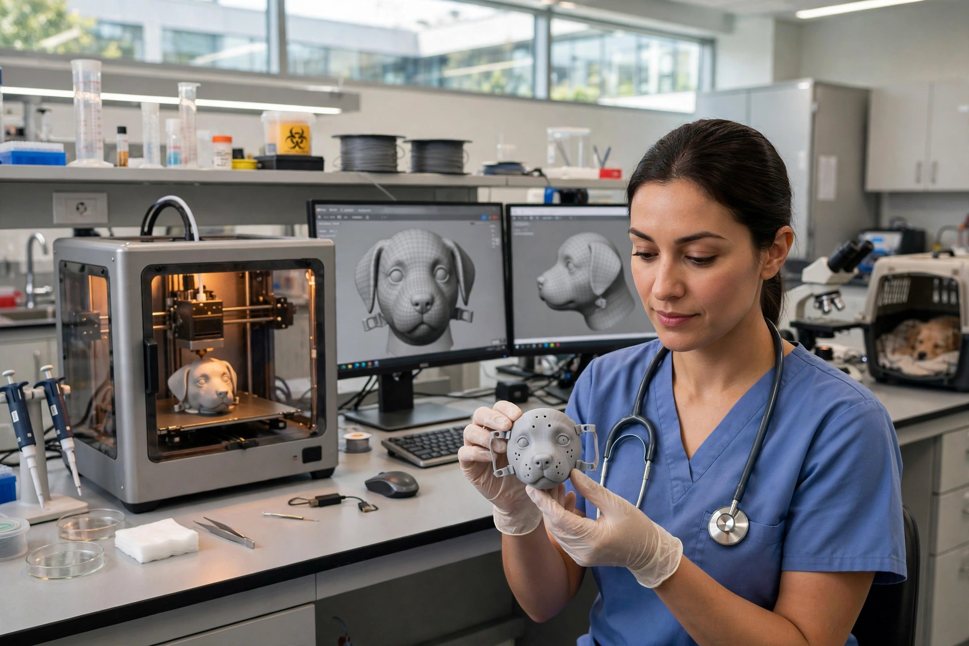 Veterinarian holding a custom light-gray 3D-printed face mask for a puppy in a biomedical engineering lab