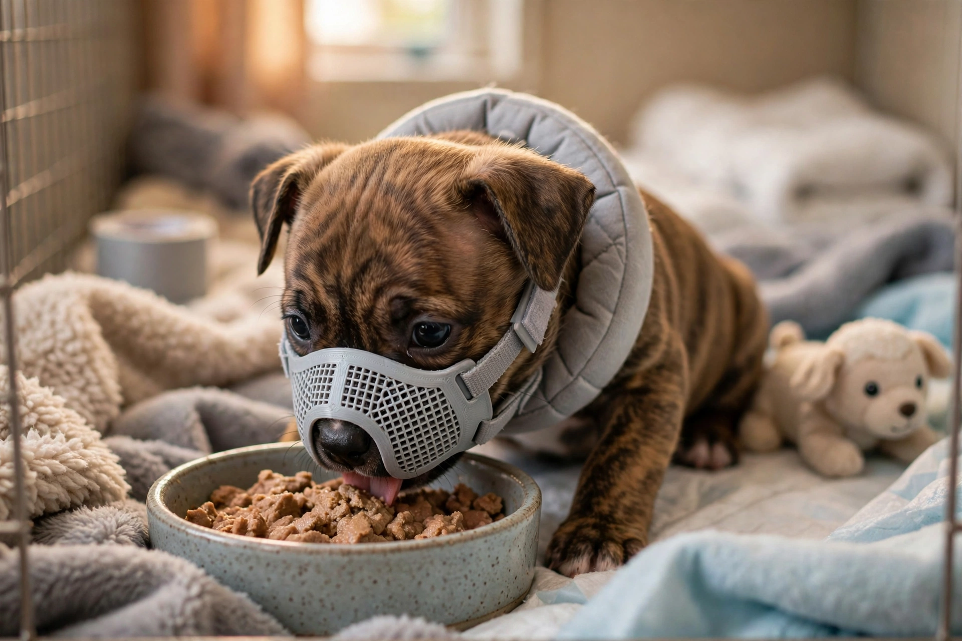Puppy Loca in recovery wearing the 3D-printed face mask and cushioned neck bandage eating soft food