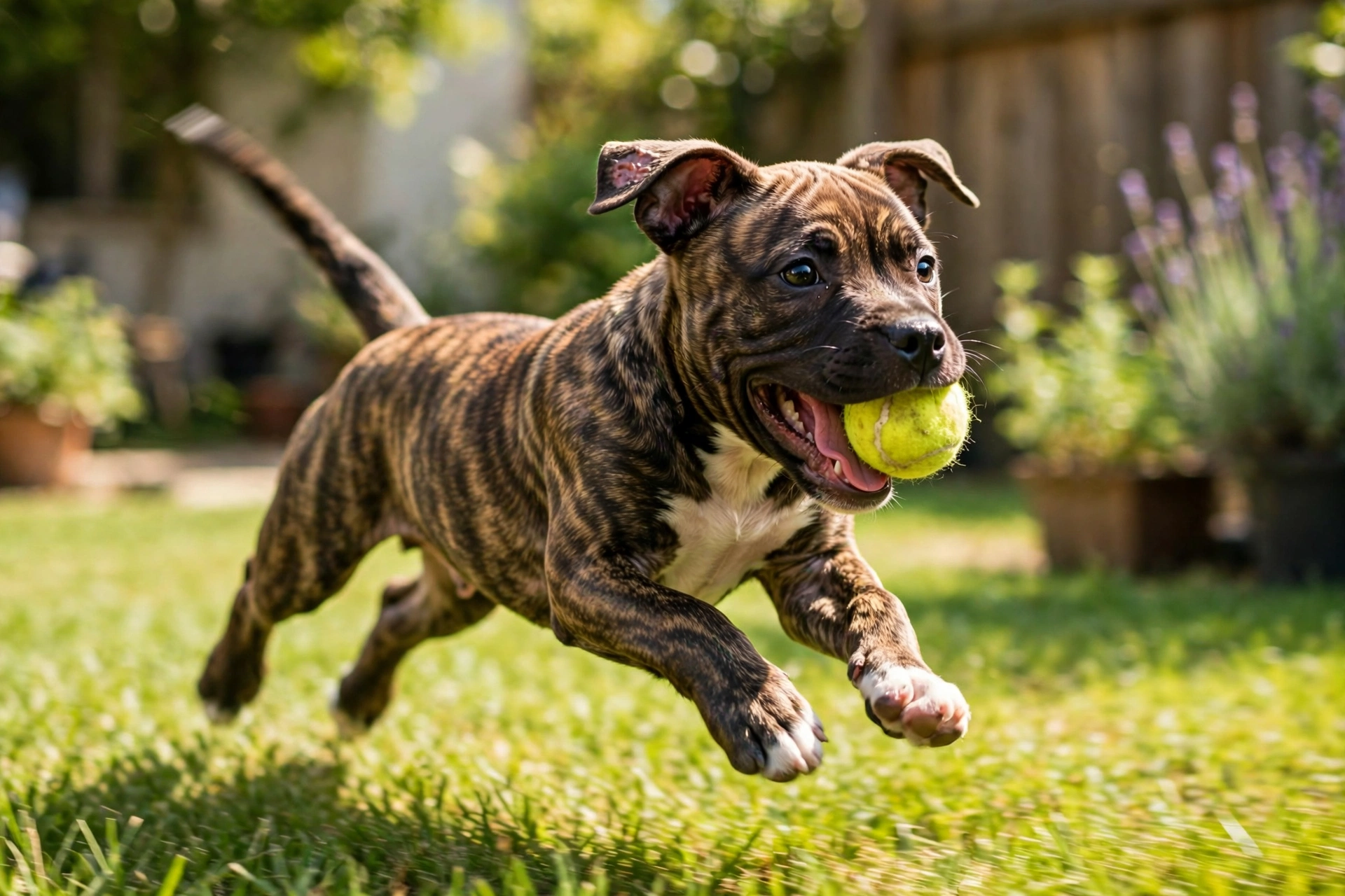 Healed Staffordshire Bull Terrier puppy happily running with a ball in a sunny backyard