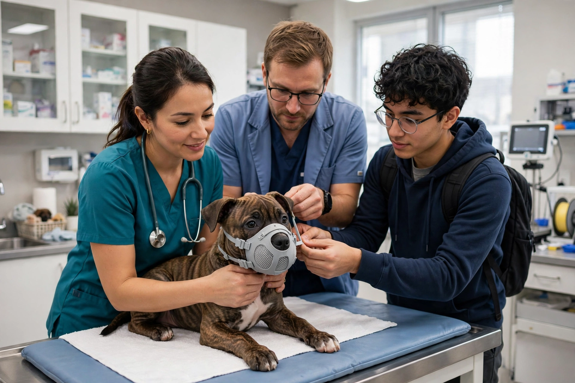 Veterinary professionals and an engineering student gently fitting the custom 3D-printed mask on puppy Loca