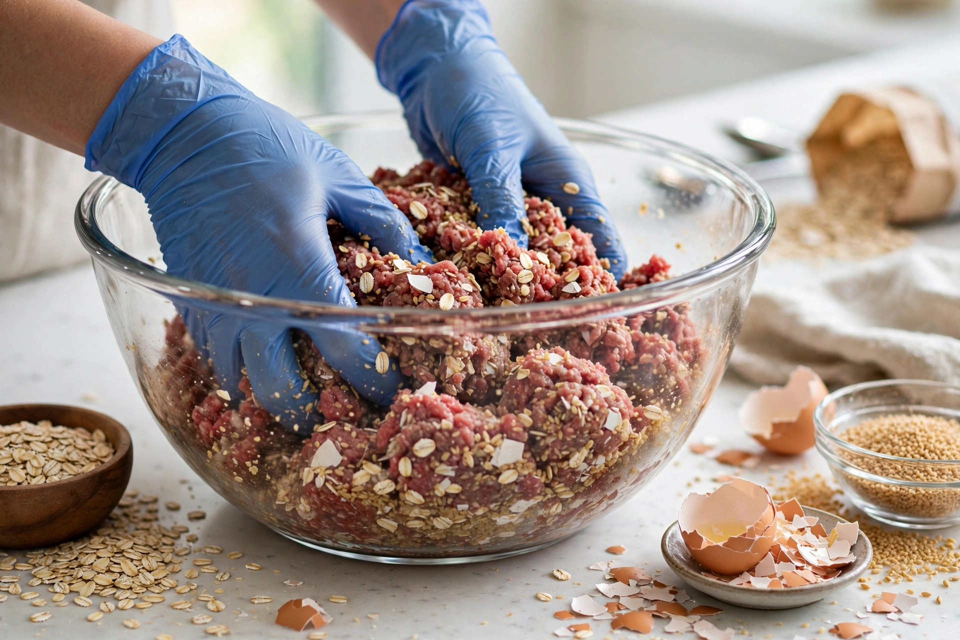 Mixing ground beef, oats and eggshell powder by hand for homemade satin balls for dogs
