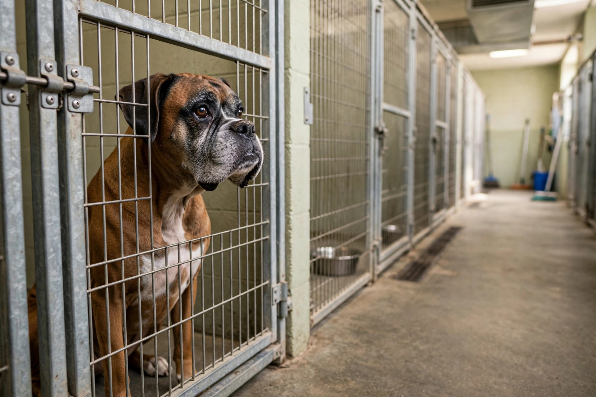 Senior boxer sitting patiently at the door of his shelter kennel, looking out hopefully