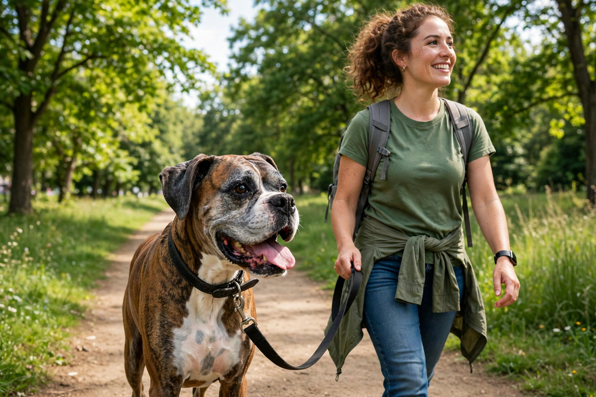 Senior boxer on a sunny day trip with a shelter volunteer in a park