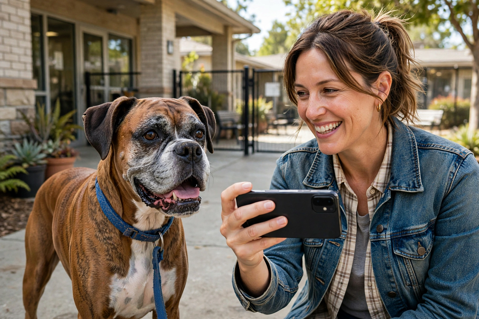 Senior boxer standing beside his new mom as she takes a photo of them together
