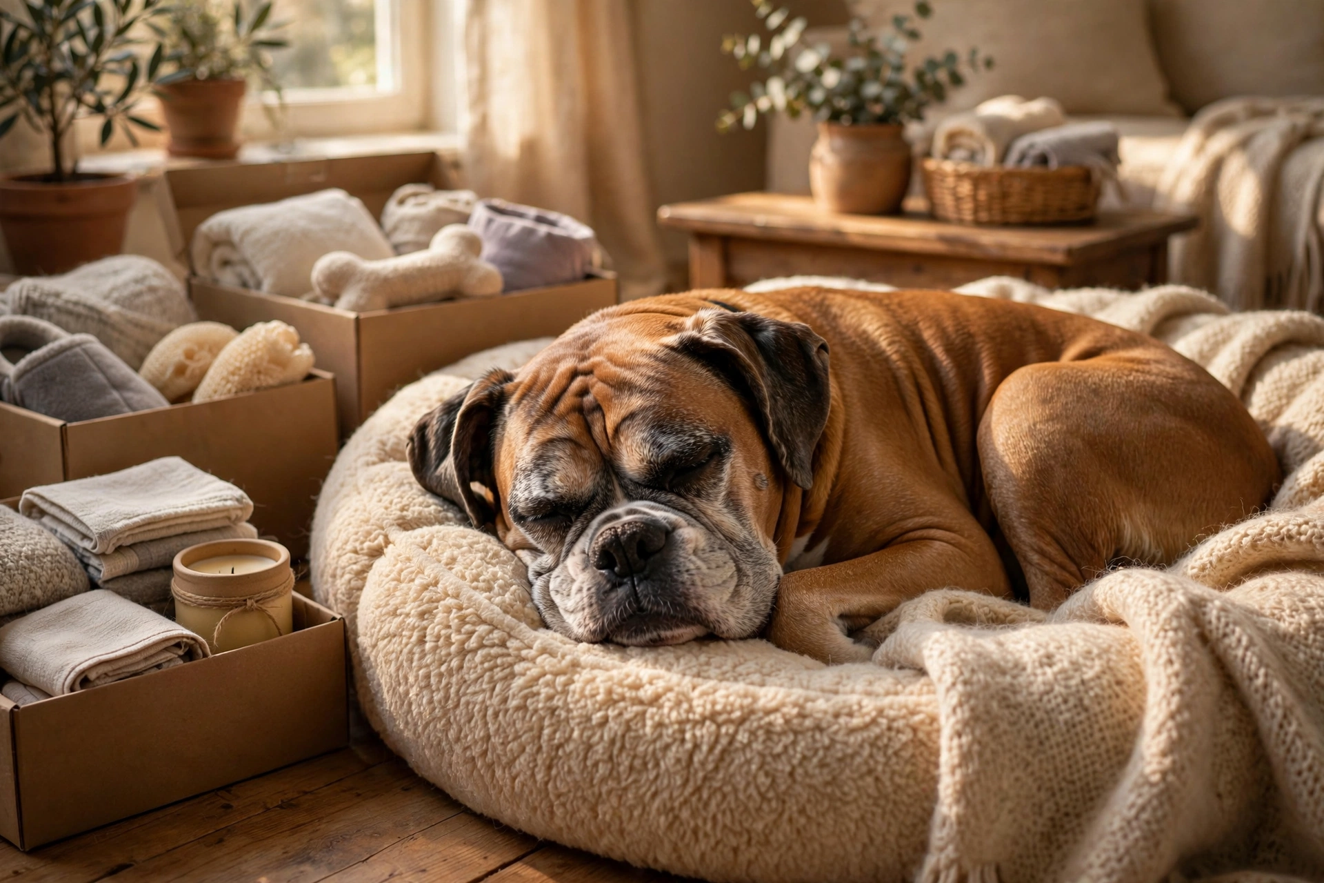 Happy senior boxer resting on a brand-new cozy bed in a warm living room