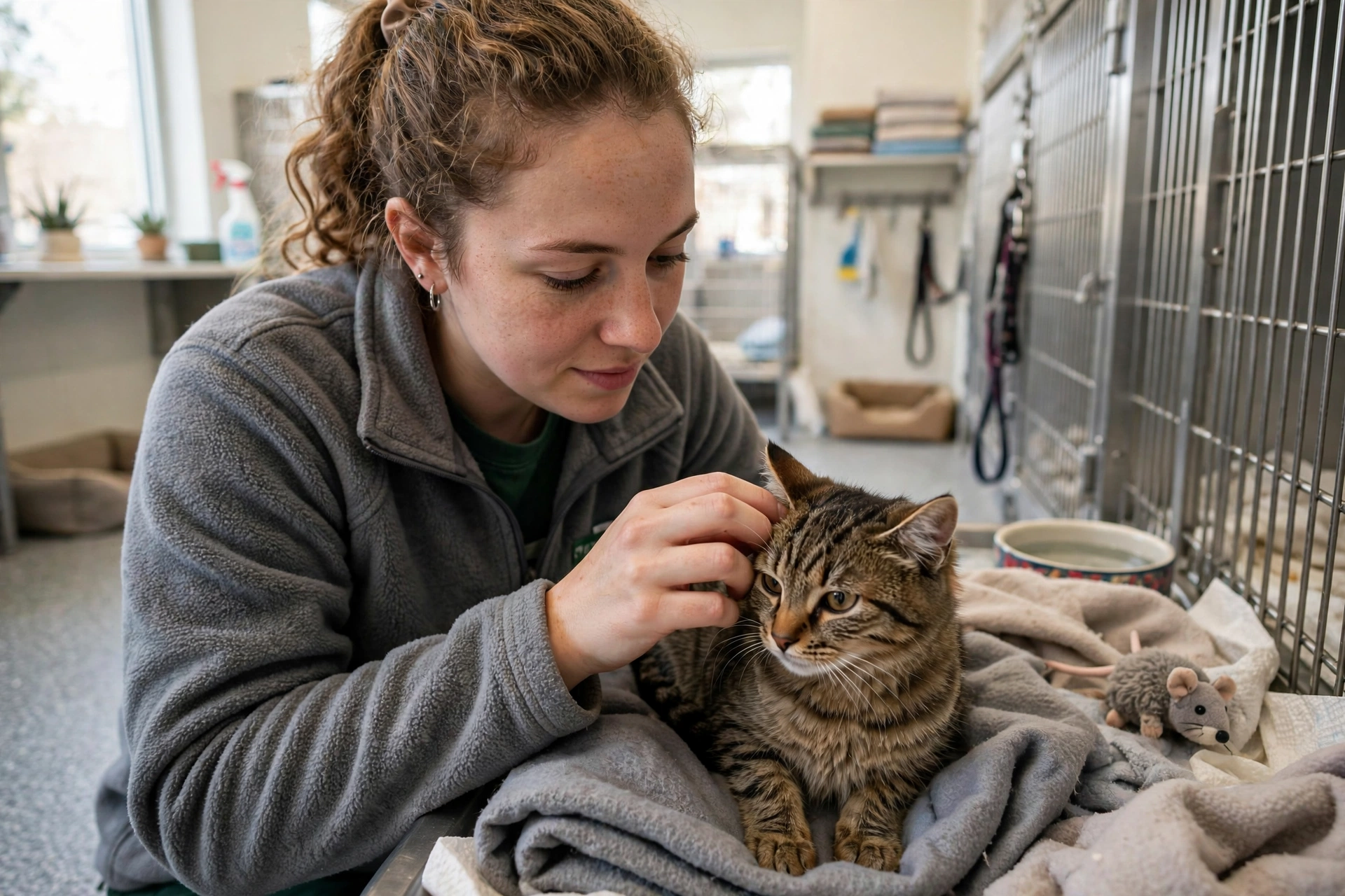 Shelter worker gently petting shy tabby rescue cat in bright kennel