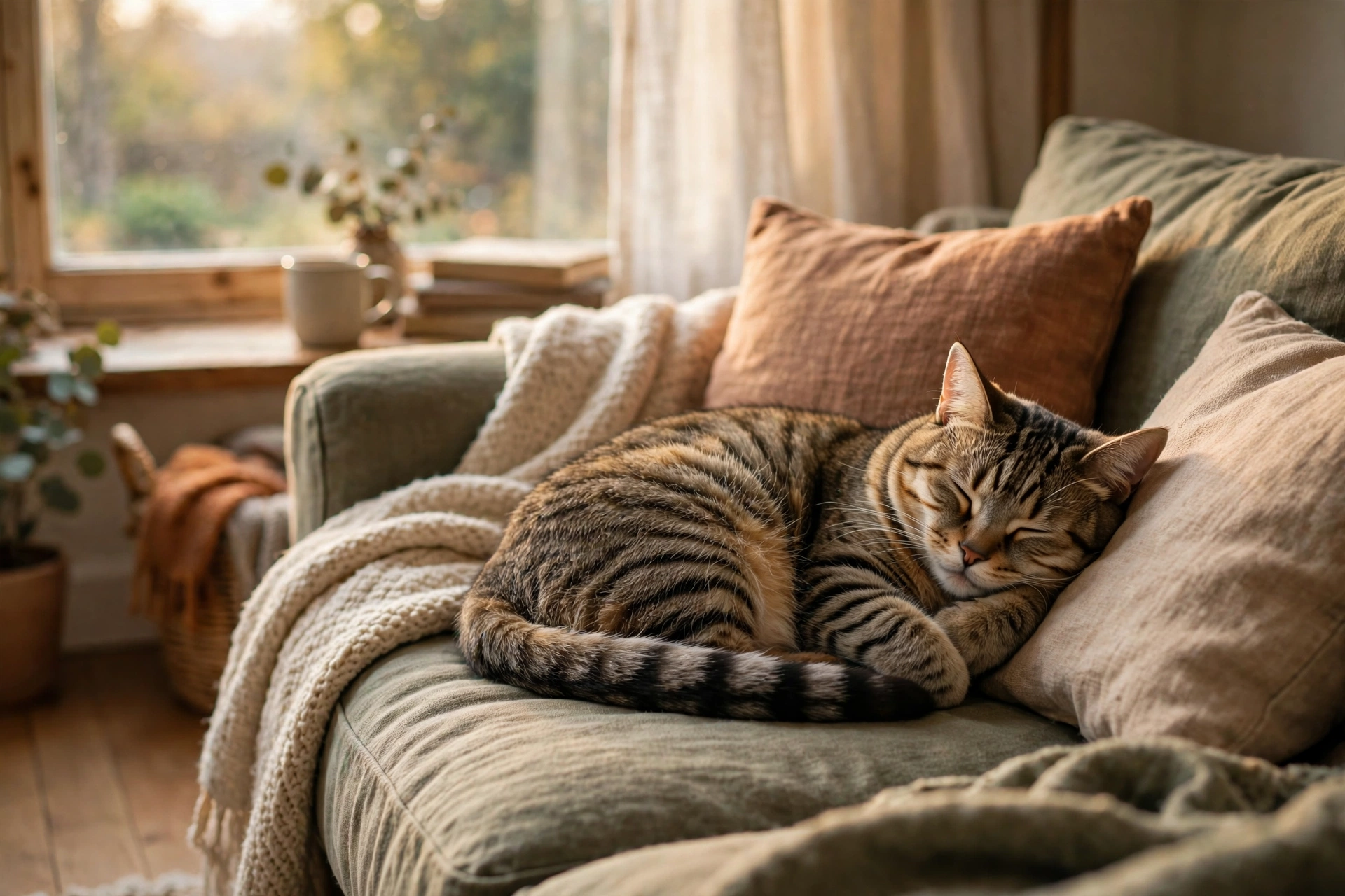 Content tabby cat sleeping peacefully on cozy couch in warm home