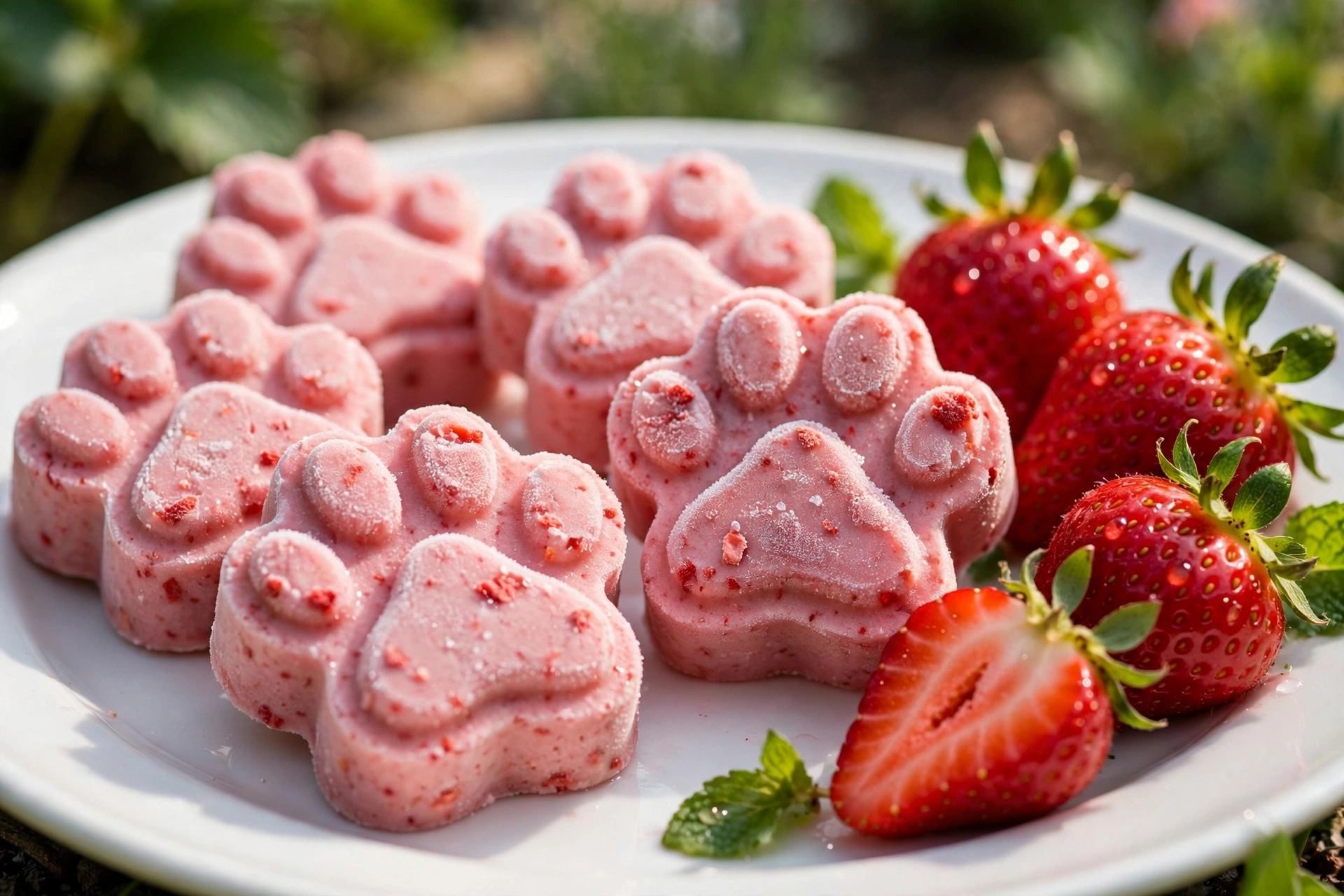 Pink frozen strawberry yogurt paw print dog treats