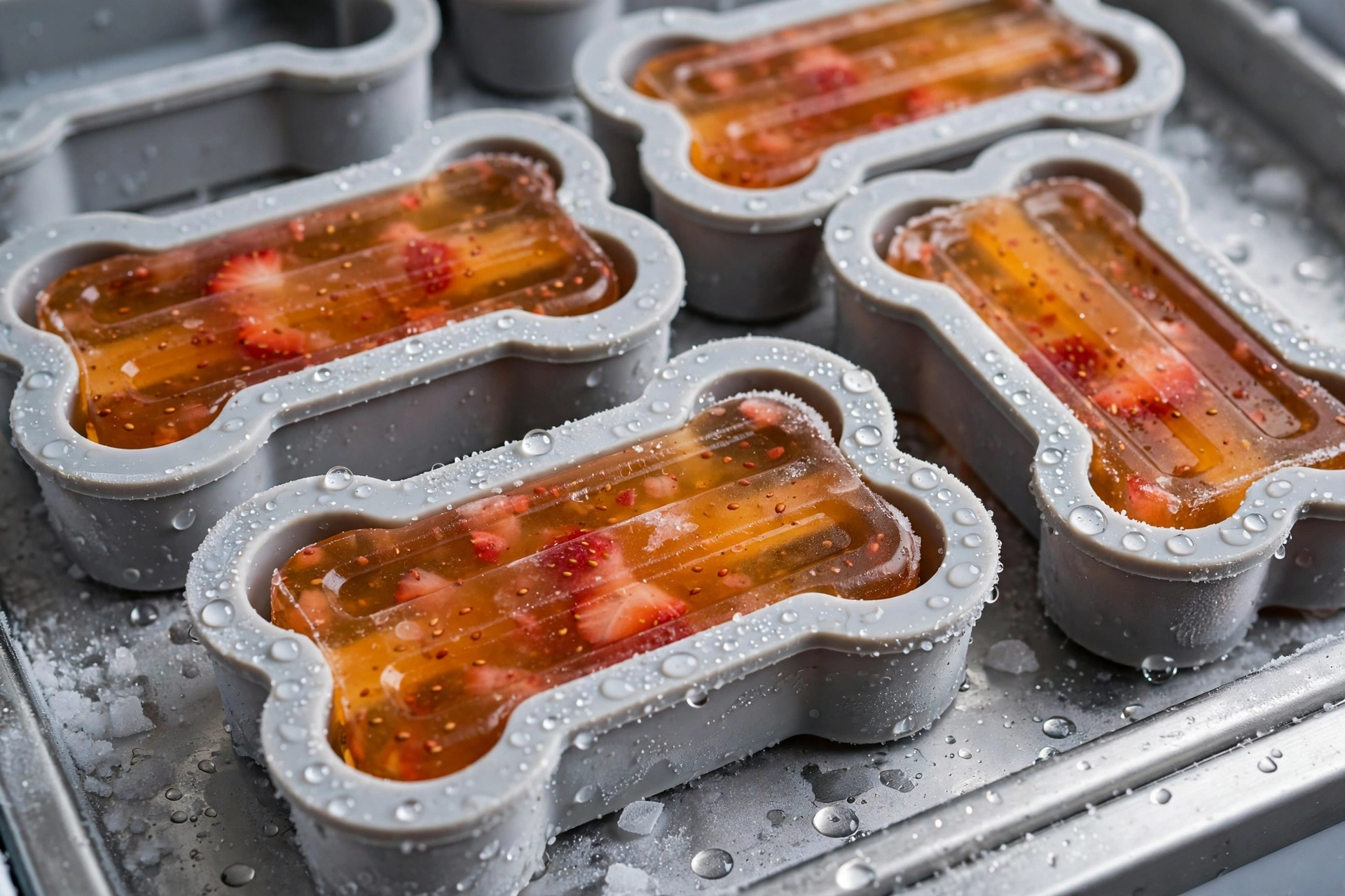 Strawberry bone broth dog popsicles in bone-shaped molds