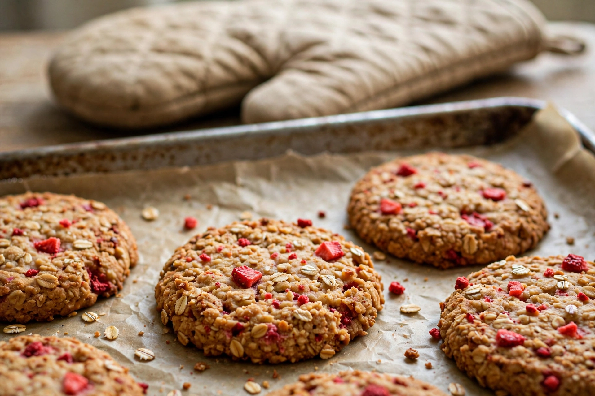 Golden strawberry oat drop cookies on a baking sheet