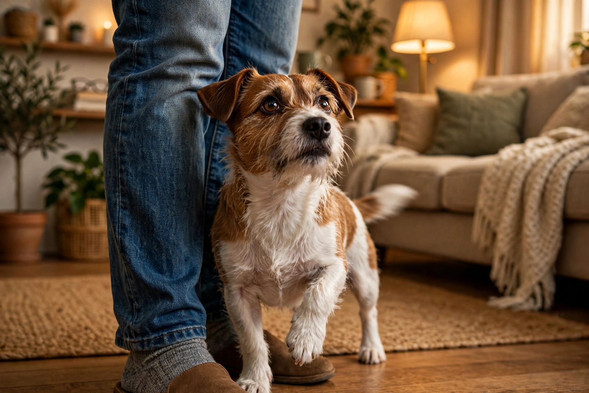 Anxious dog standing close to its owner's legs looking up restlessly