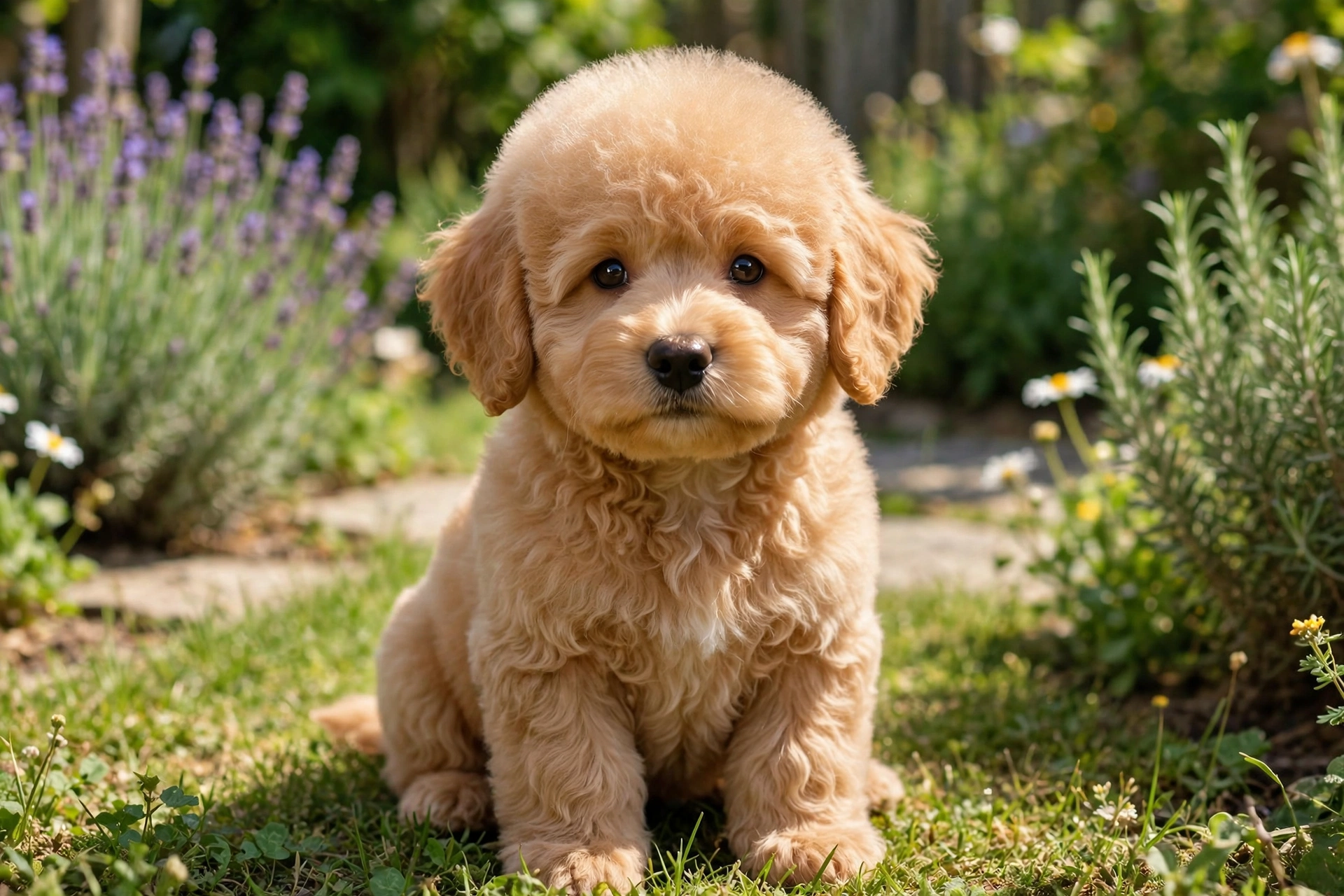 Golden doodle puppy with round teddy bear haircut