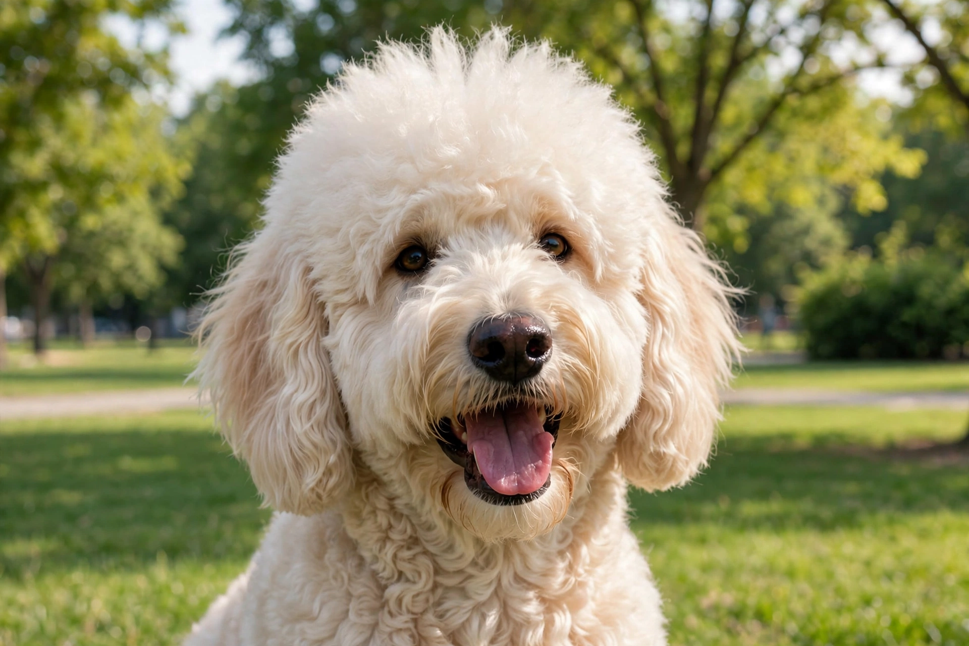 Cream Goldendoodle with high-crown teddy bear haircut