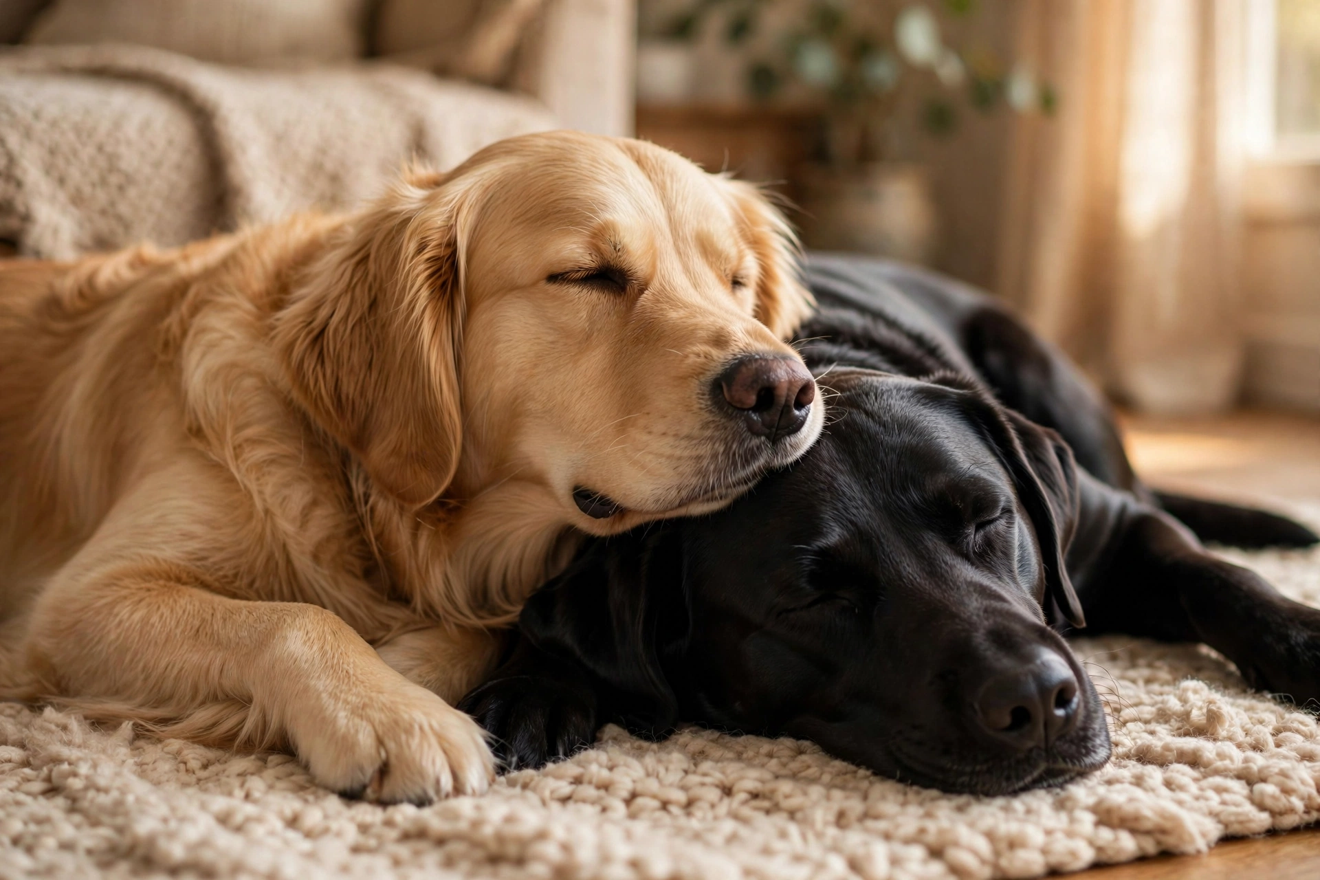 Two affectionate dogs snuggling together indoors