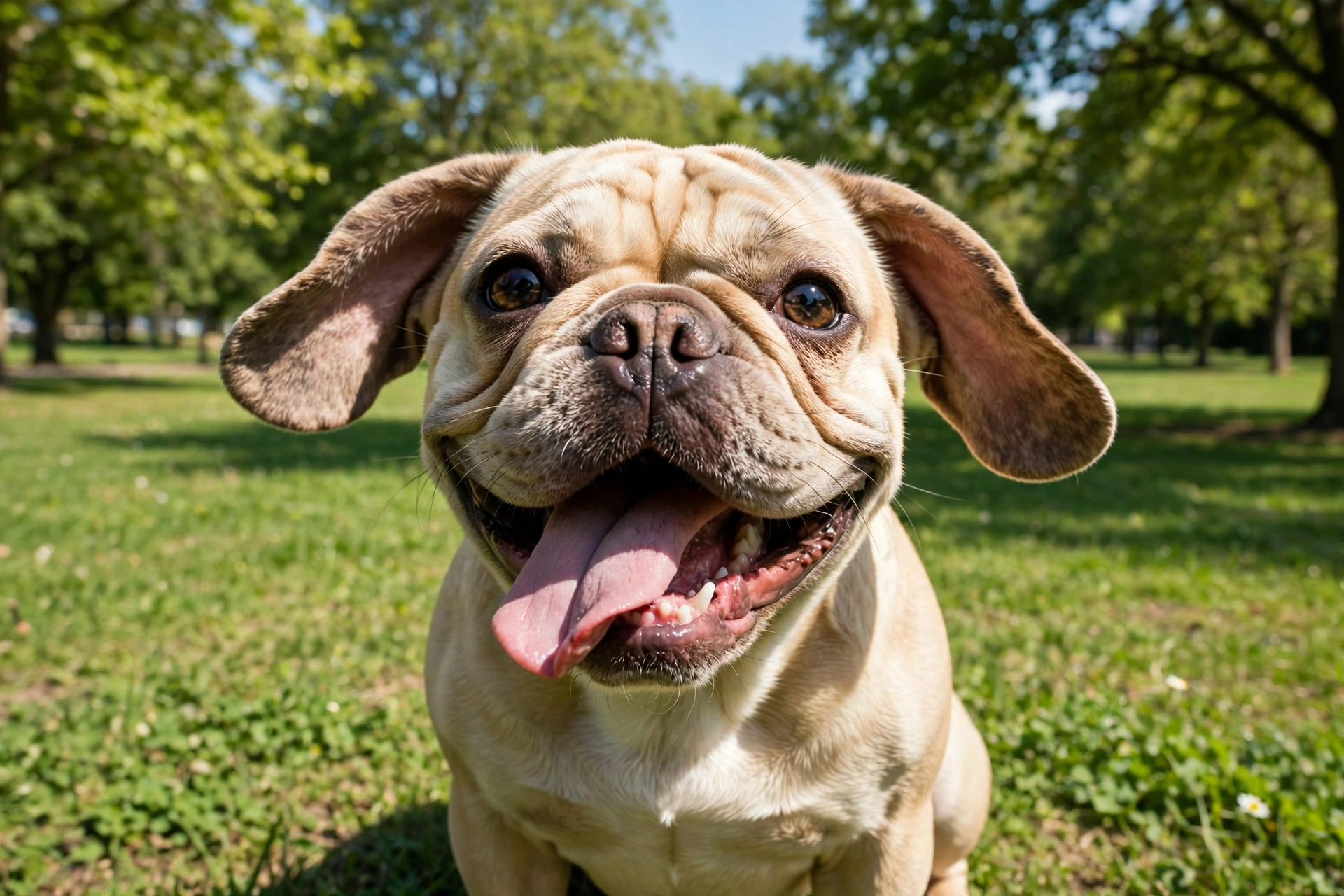 Happy French bulldog with a goofy grin outdoors