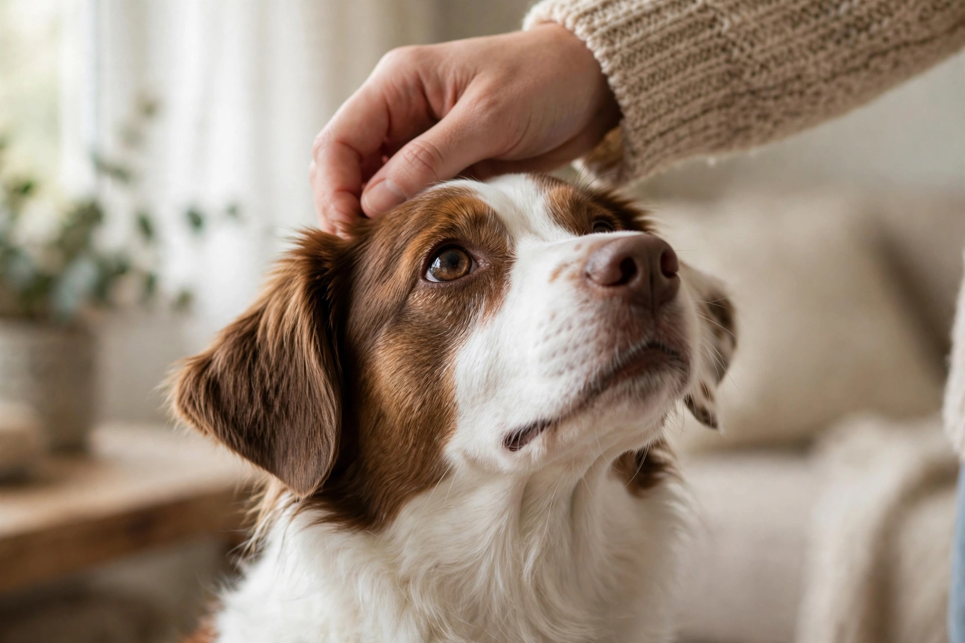 Brown and white dog being gently petted by its owner