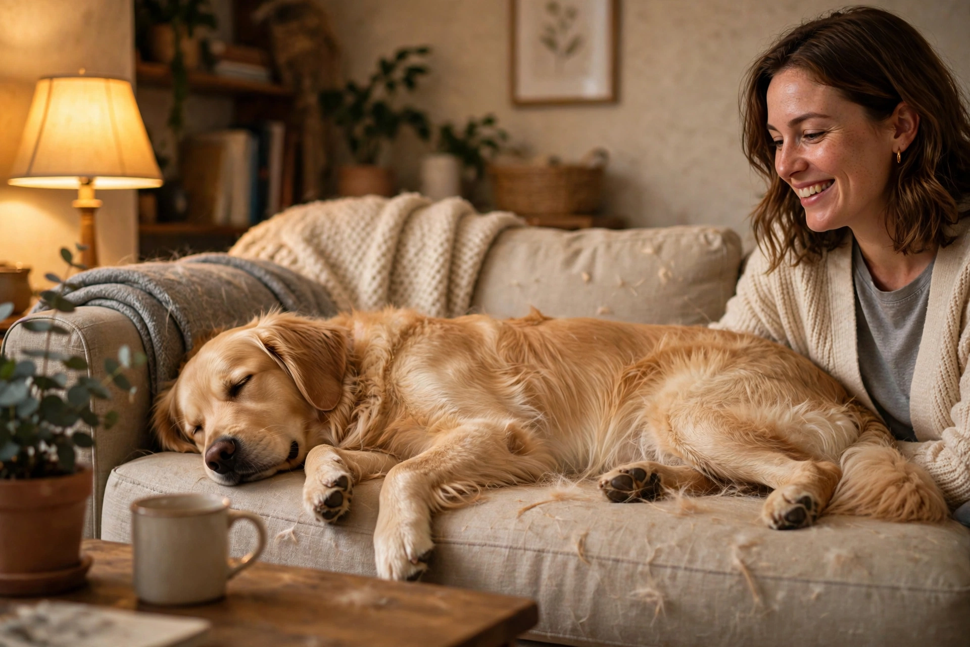 Golden retriever sprawled across a living room couch