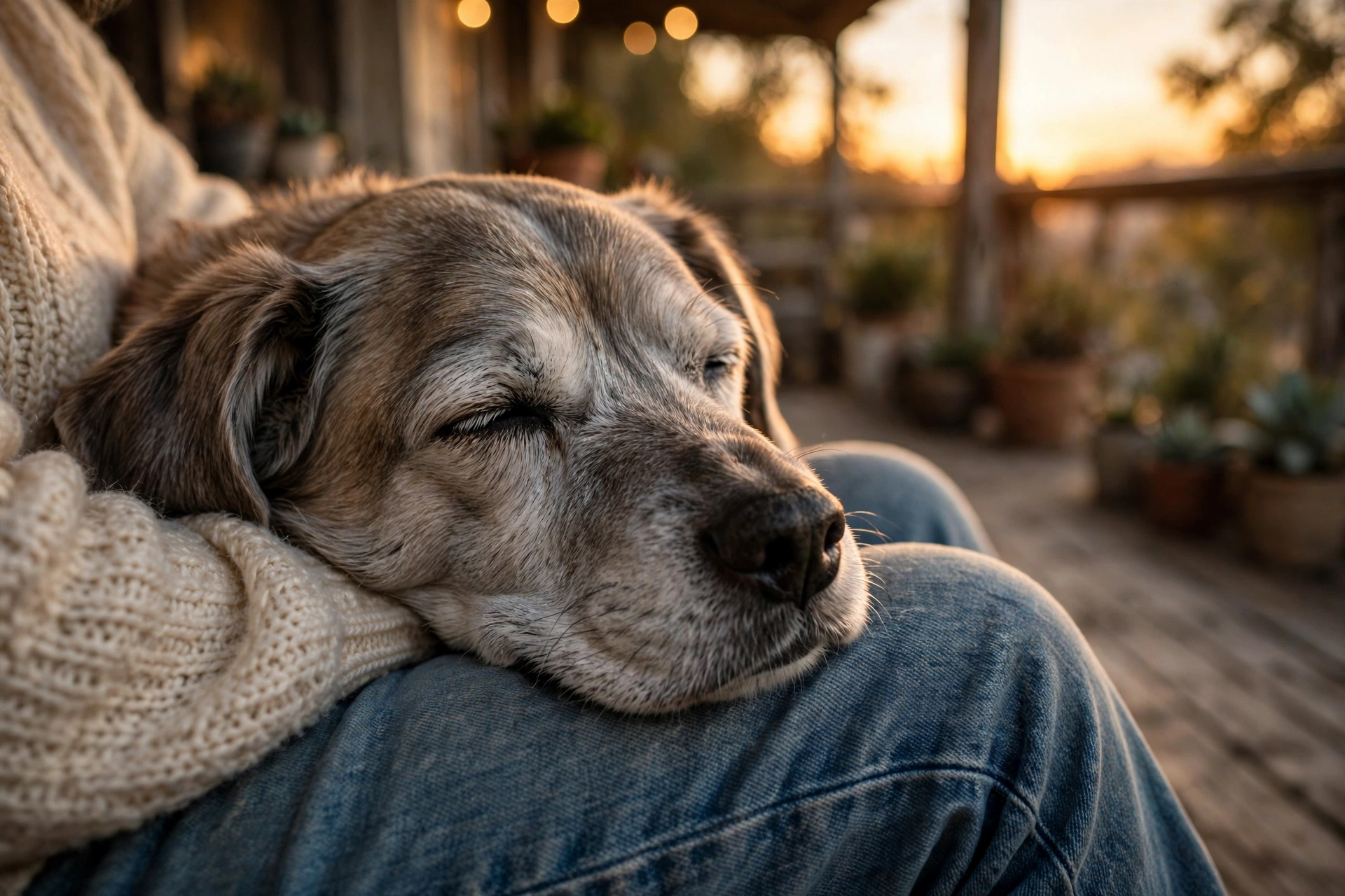 Senior dog resting its head on its owner's lap at sunset