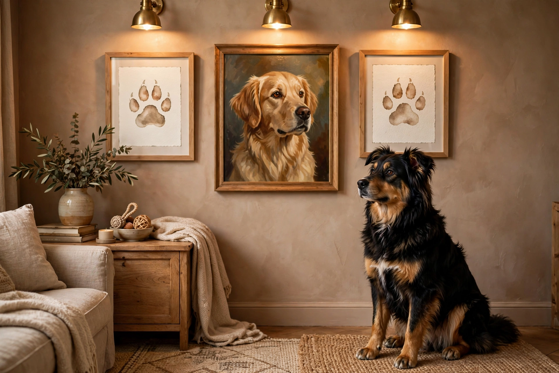 Dog sitting beside a living room wall with framed paw print artwork