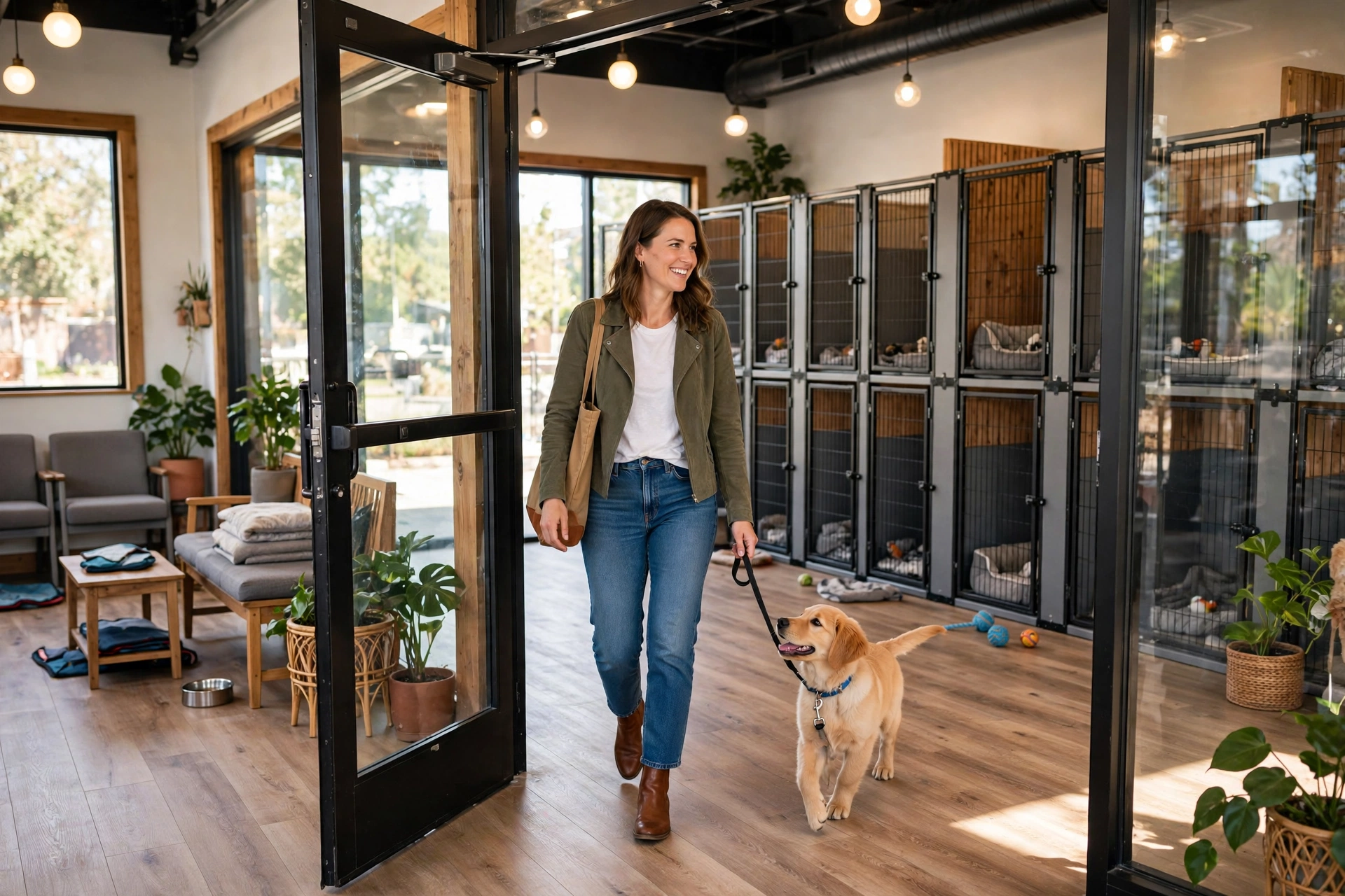 Dog daycare pickup lobby with an owner arriving to collect her dog