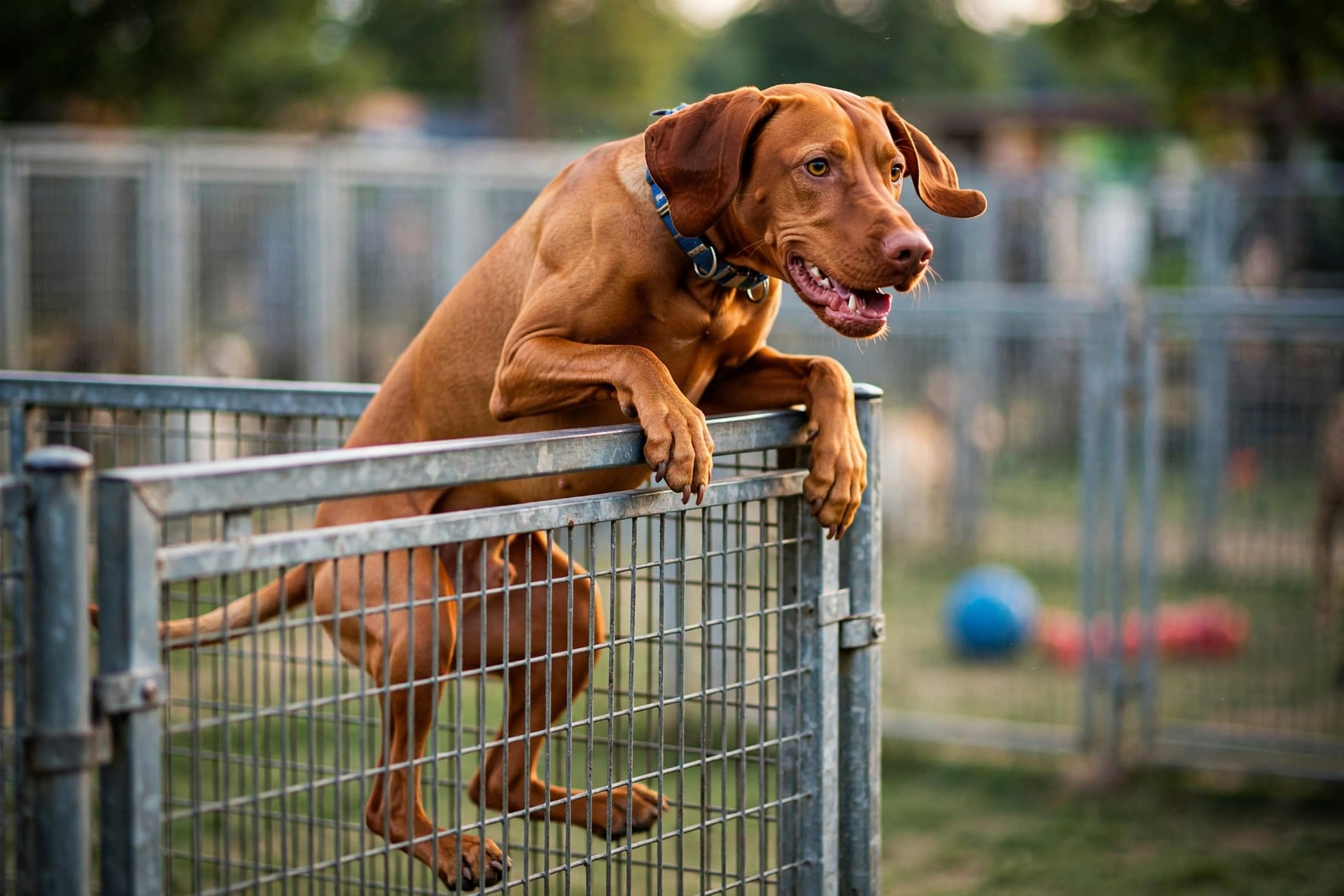 Vizsla dog climbing over the top of a kennel fence at daycare