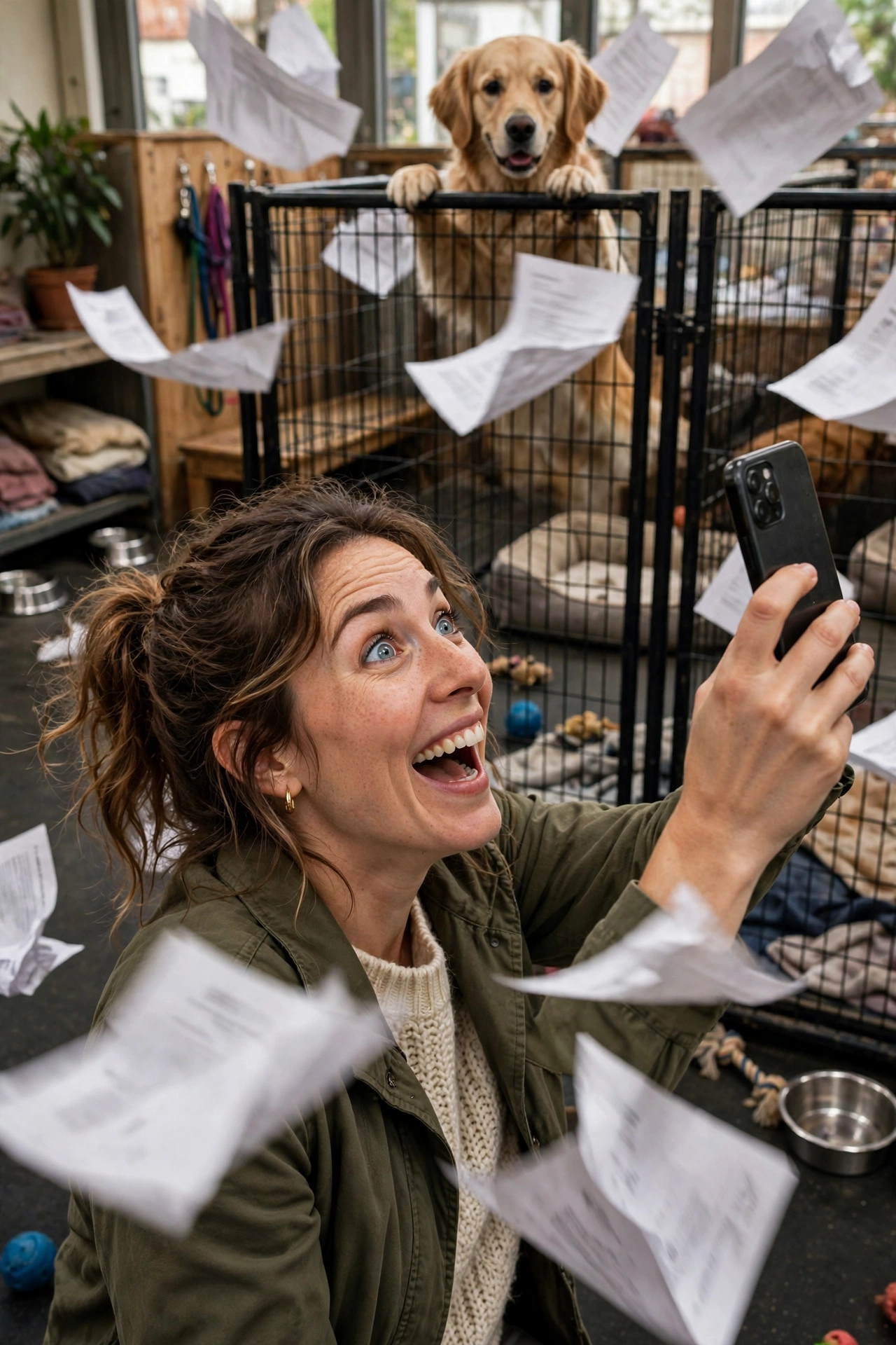 Surprised owner photographing a dog at the top of a kennel fence with papers flying