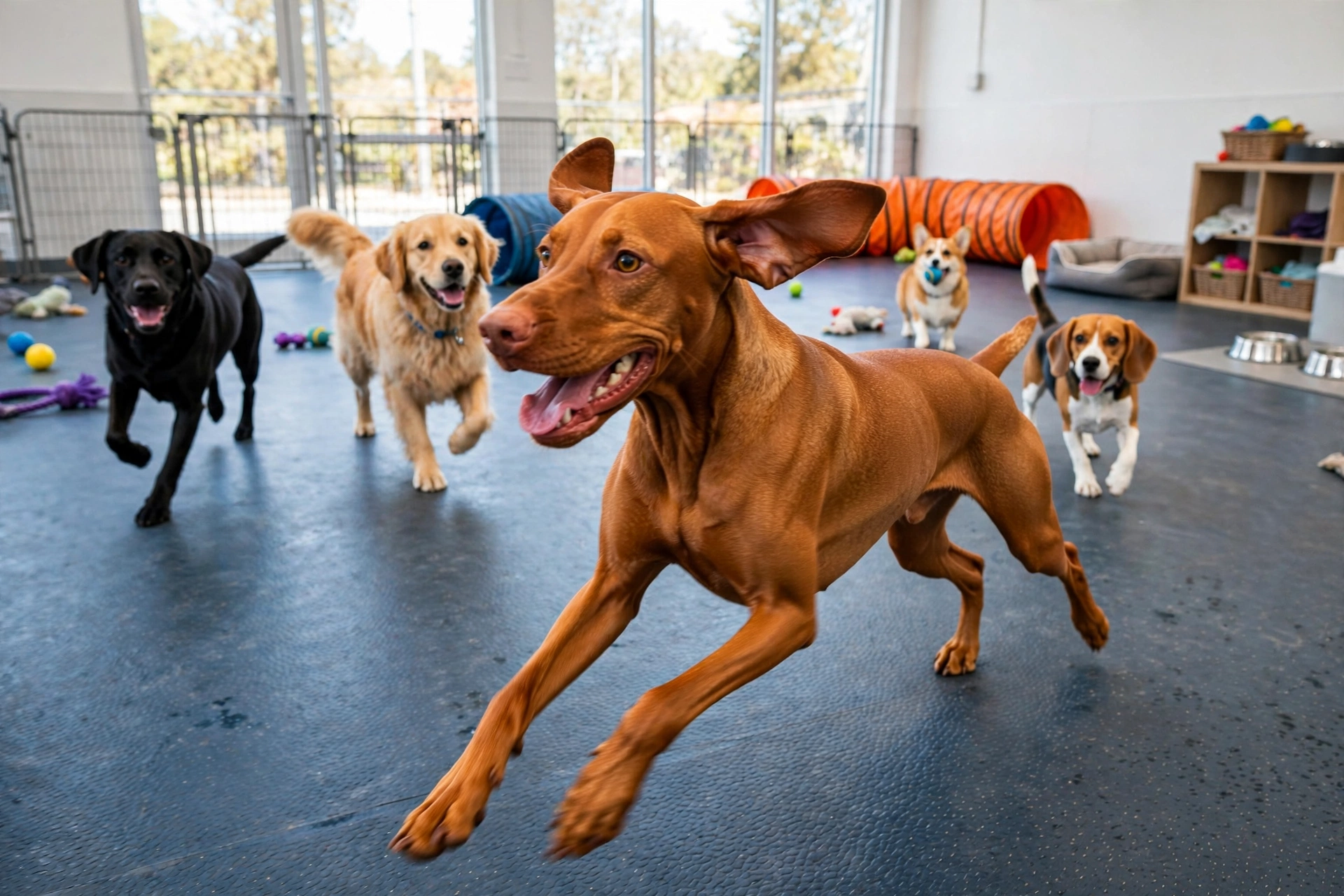 Energetic Vizsla dog playing freely in a large daycare play room