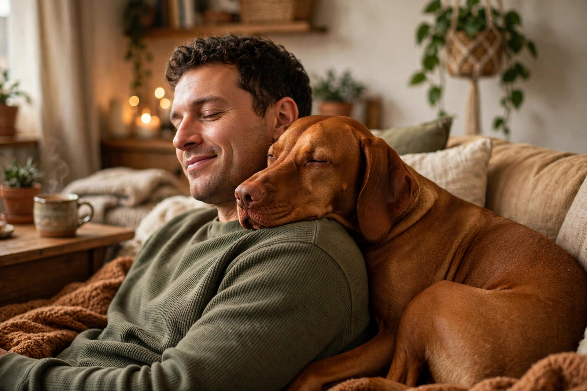 Vizsla dog cuddling with its owner on a couch at home