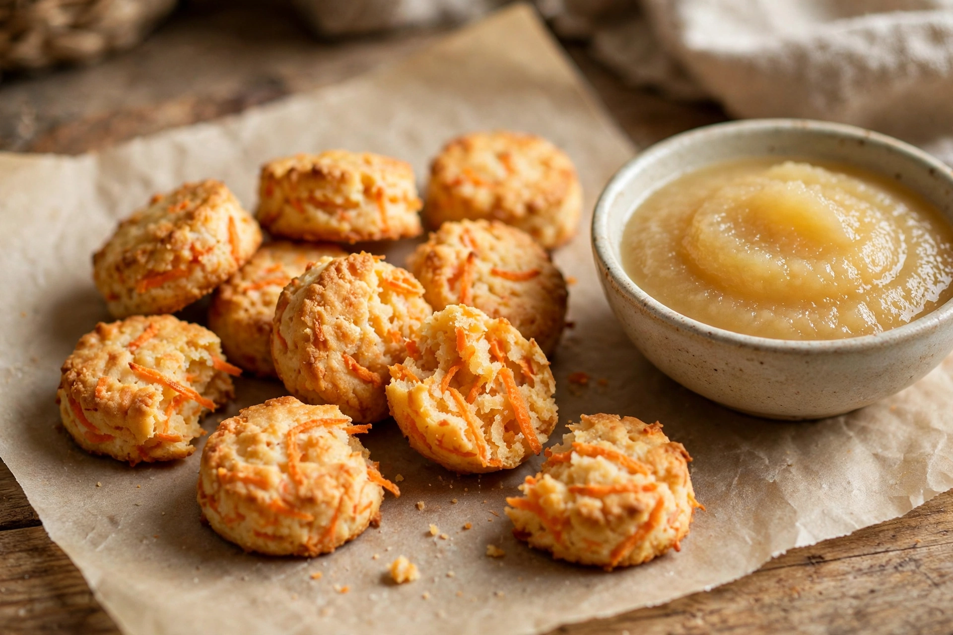 Carrot applesauce dog crunchers with a bowl of applesauce