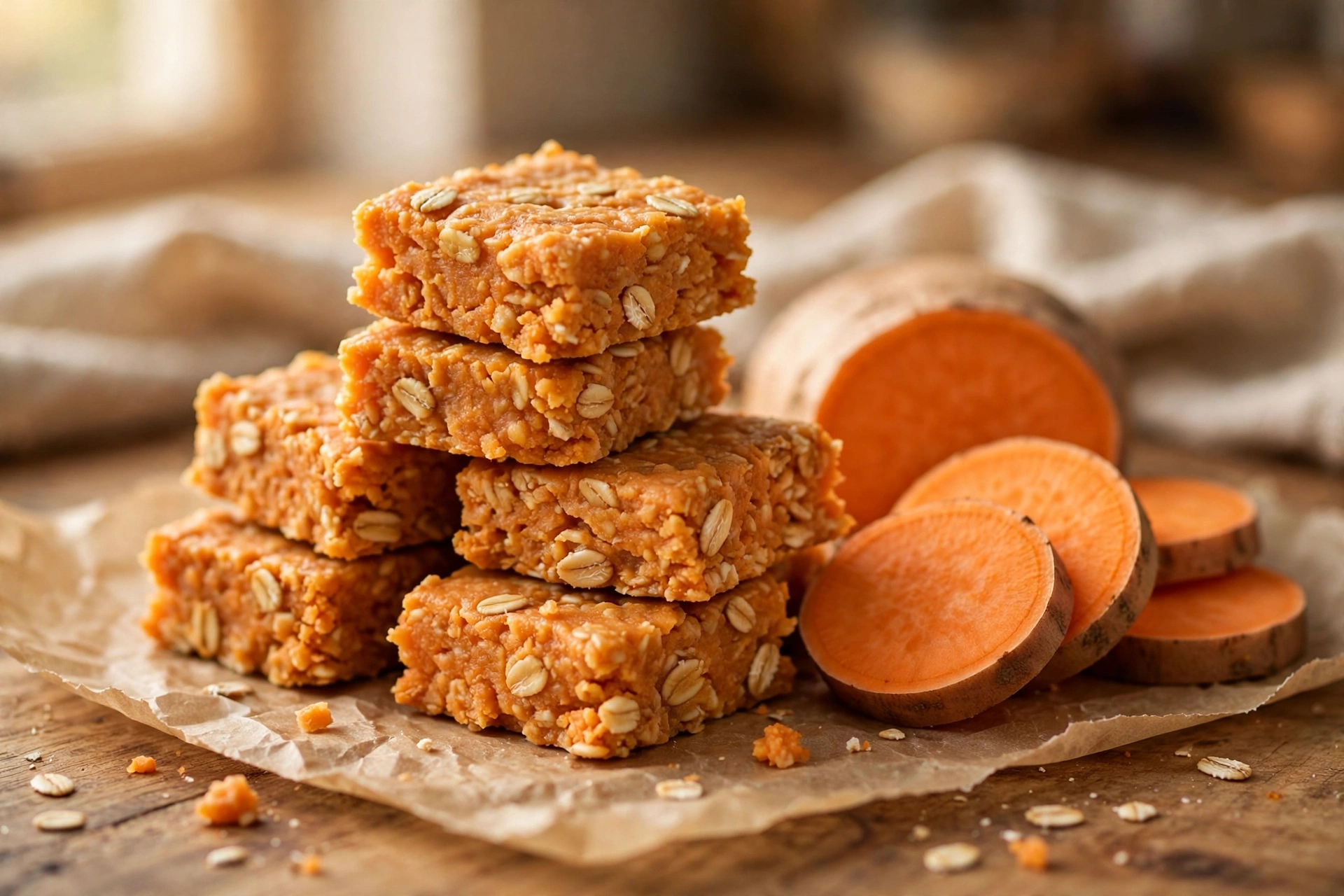 Sweet potato oat chews for dogs stacked on parchment paper